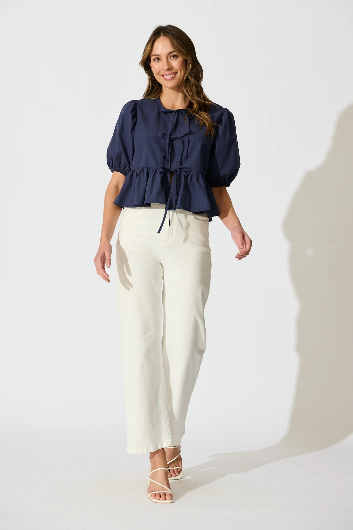 Faria Tie Front Top in Navy Cotton - Image 4