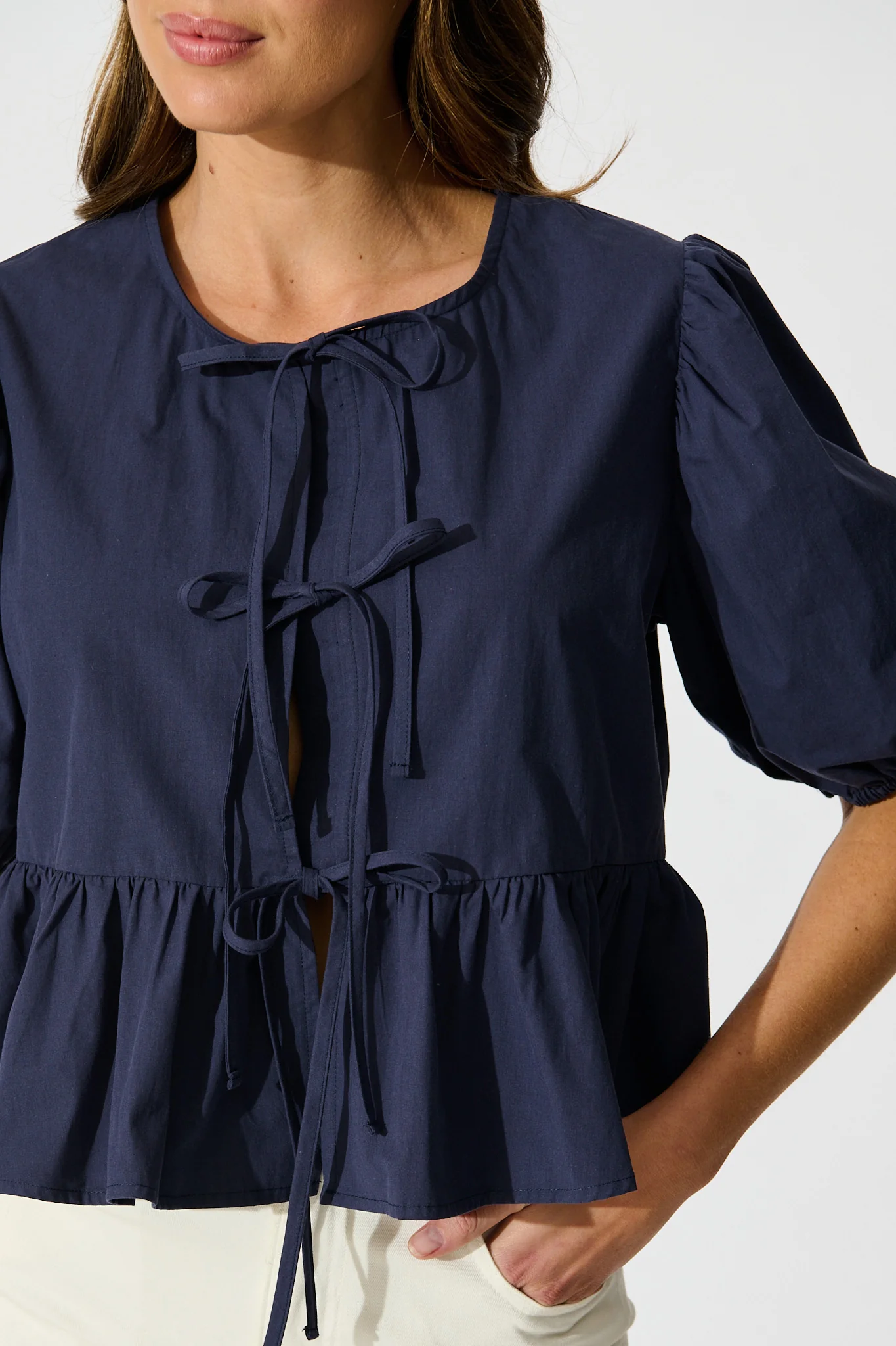 Faria Tie Front Top in Navy Cotton - Image 5