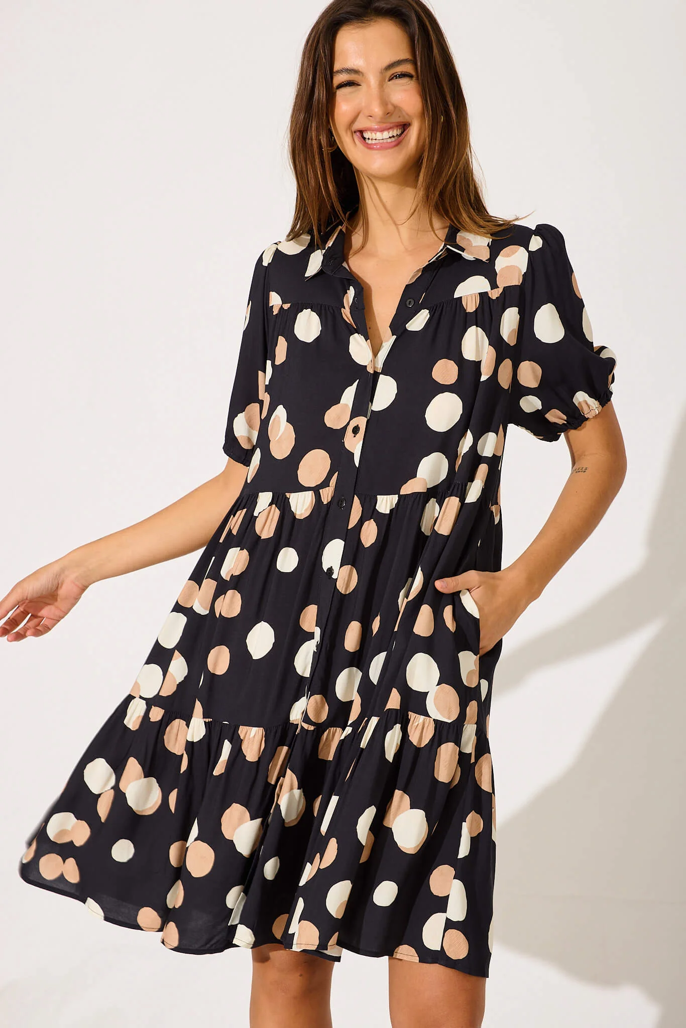 Felicia Shirt Dress In Black With Cream Spot - Image 2