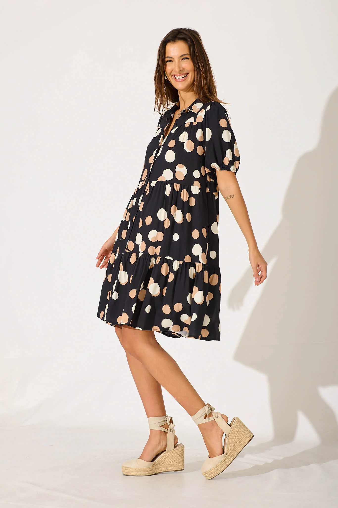 Felicia Shirt Dress In Black With Cream Spot - Image 3