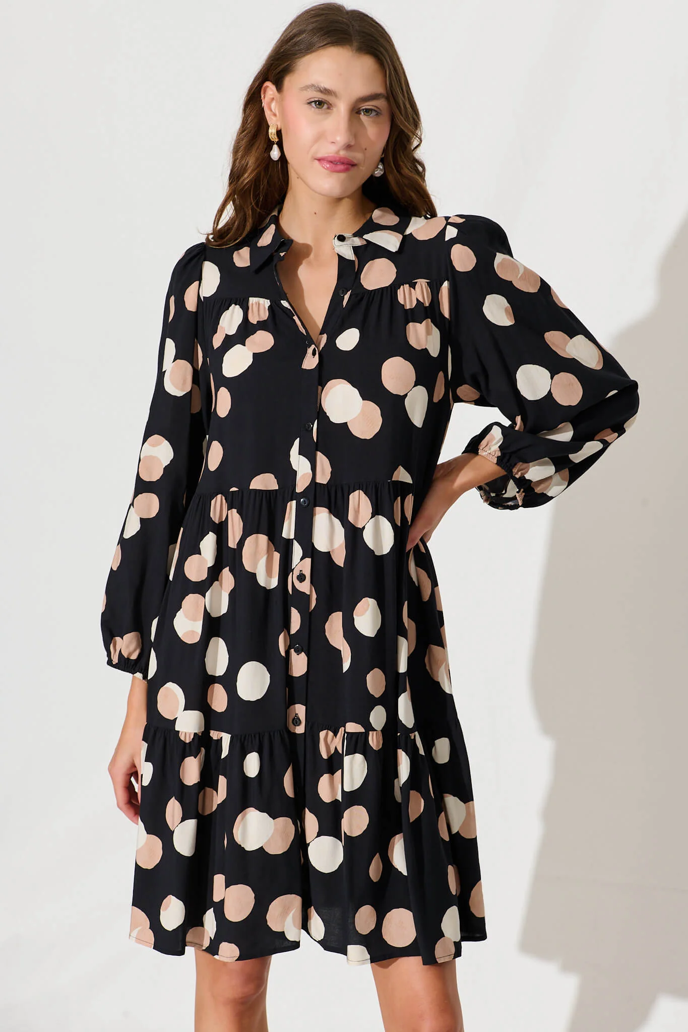 Felicity Smock Shirt Dress In Black With Cream Spot - Image 2