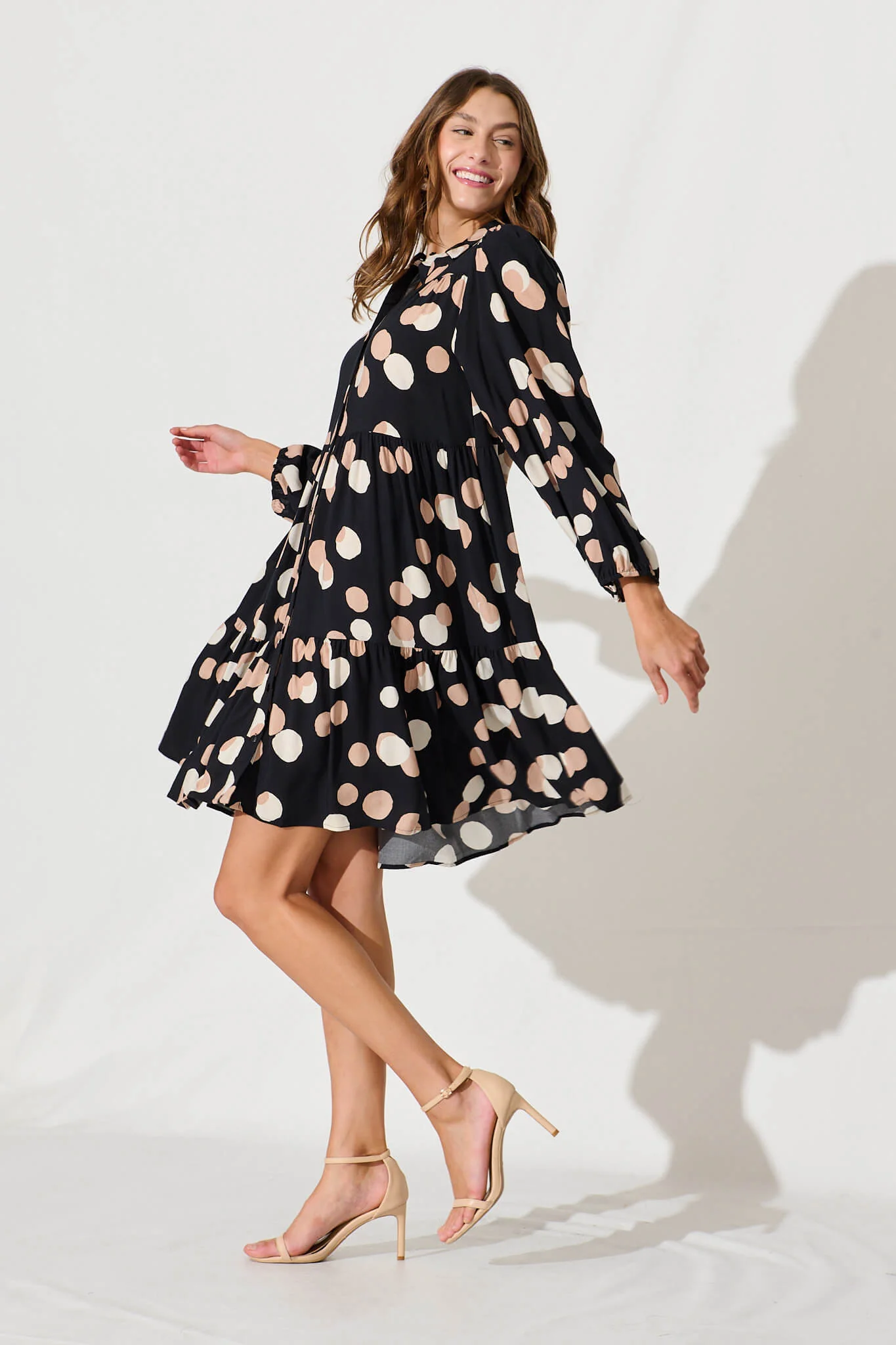 Felicity Smock Shirt Dress In Black With Cream Spot - Image 3