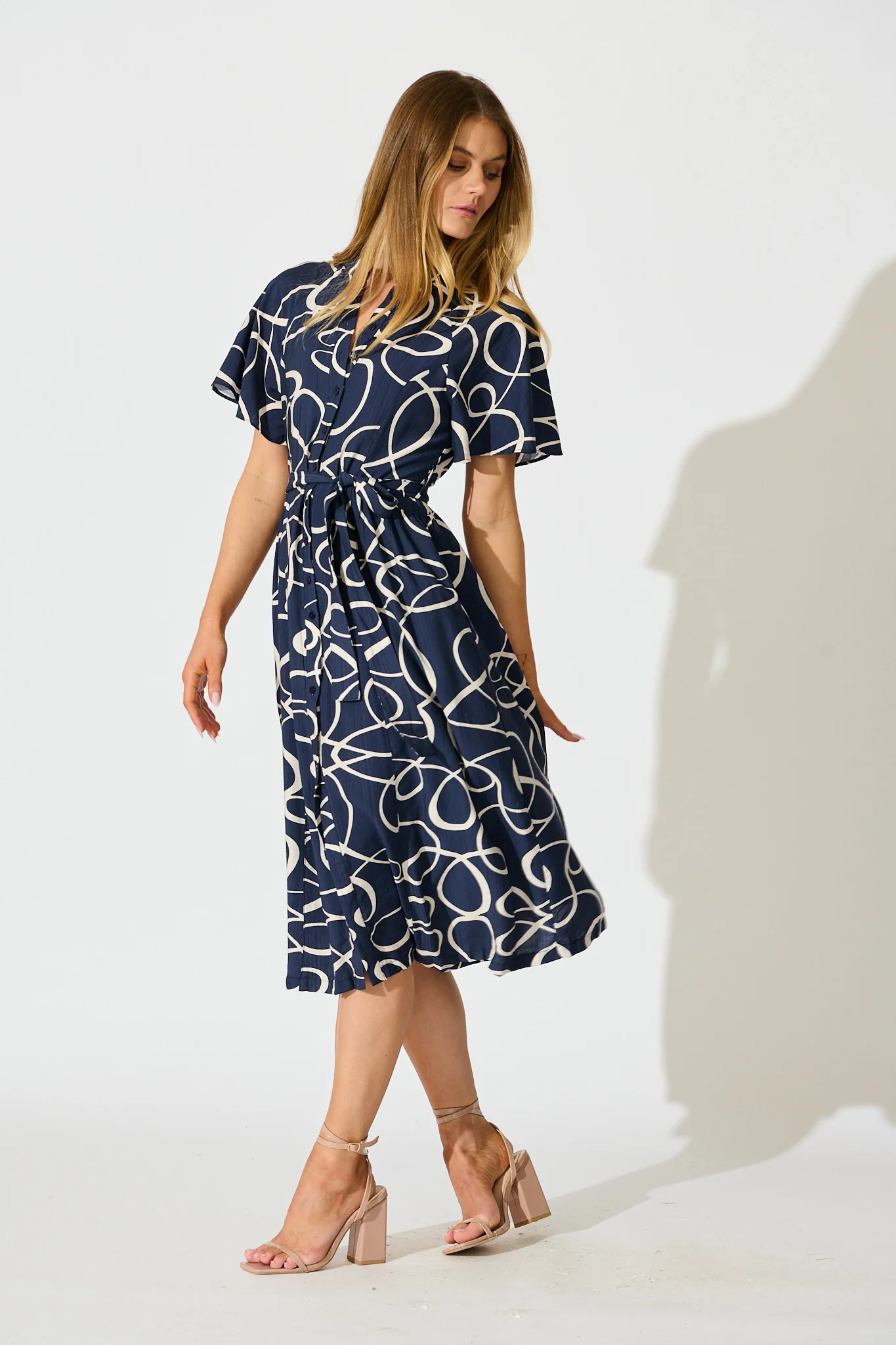 Fergie Midi Dress in Navy Geometric Print - Image 3