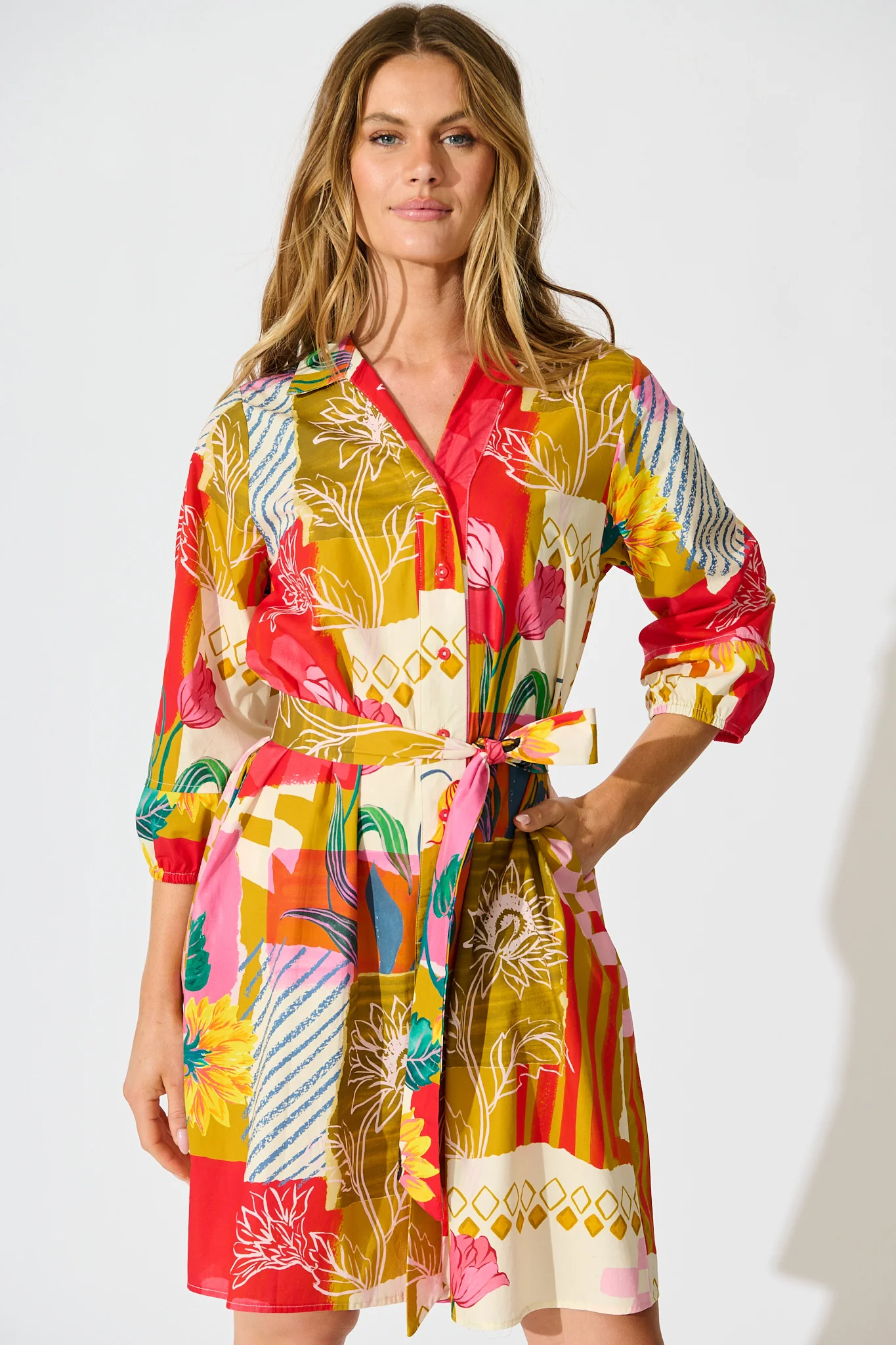Festival Flora Shirt Dress in Red Multi Floral Cotton - Image 2