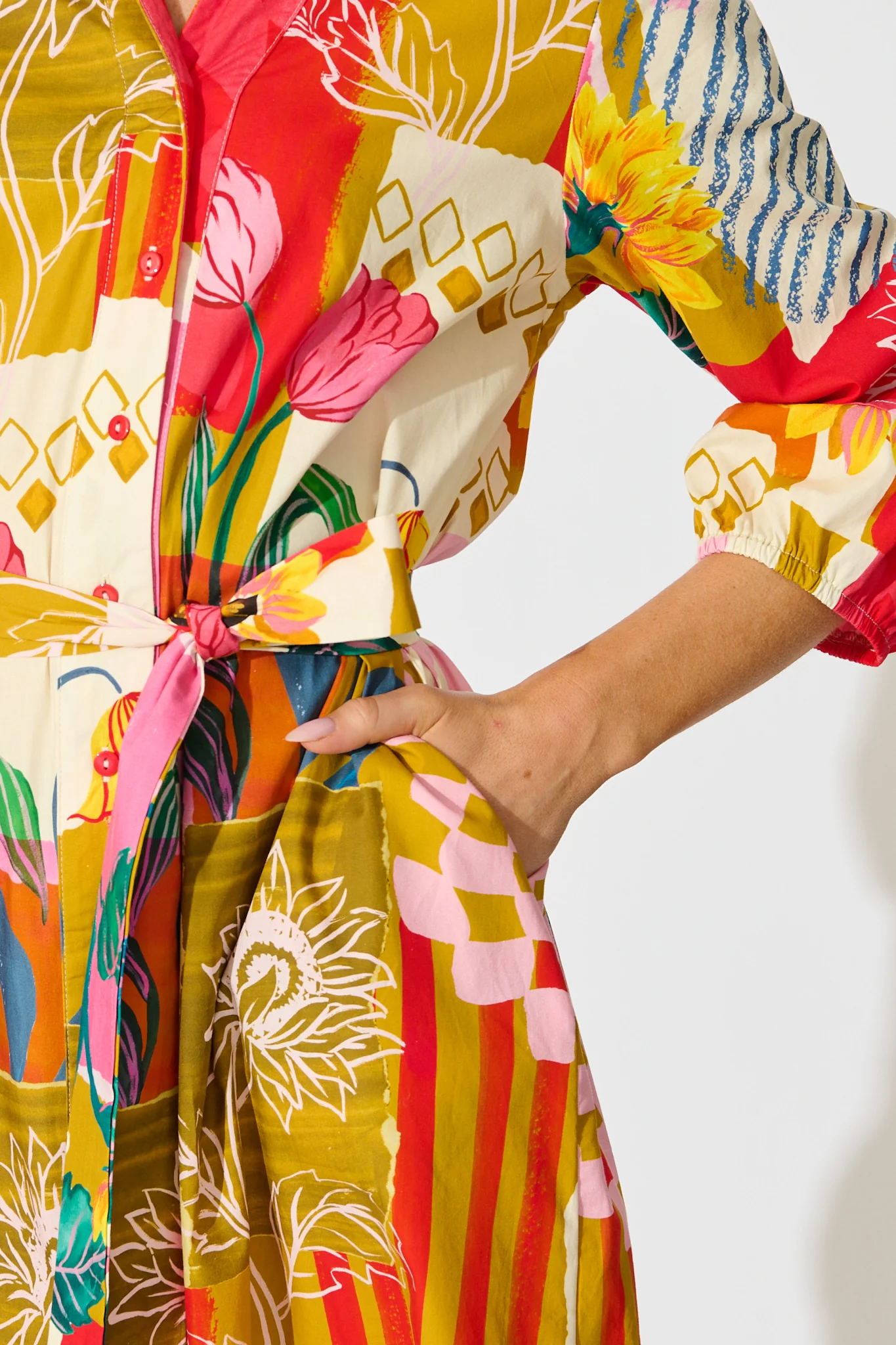 Festival Flora Shirt Dress in Red Multi Floral Cotton - Image 5