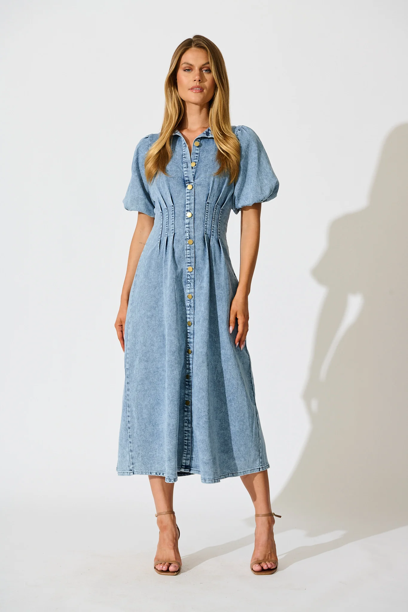 Fine Form Midi Dress in Mid Blue Denim
