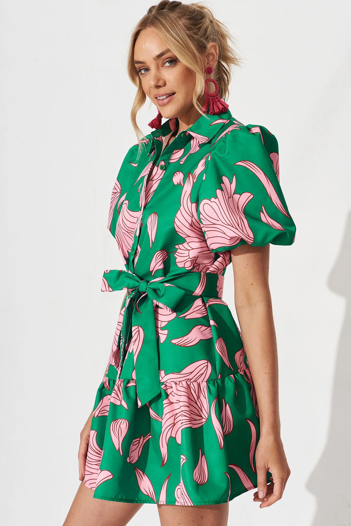 Fione Shirt Dress In Green With Pink Floral - Image 4