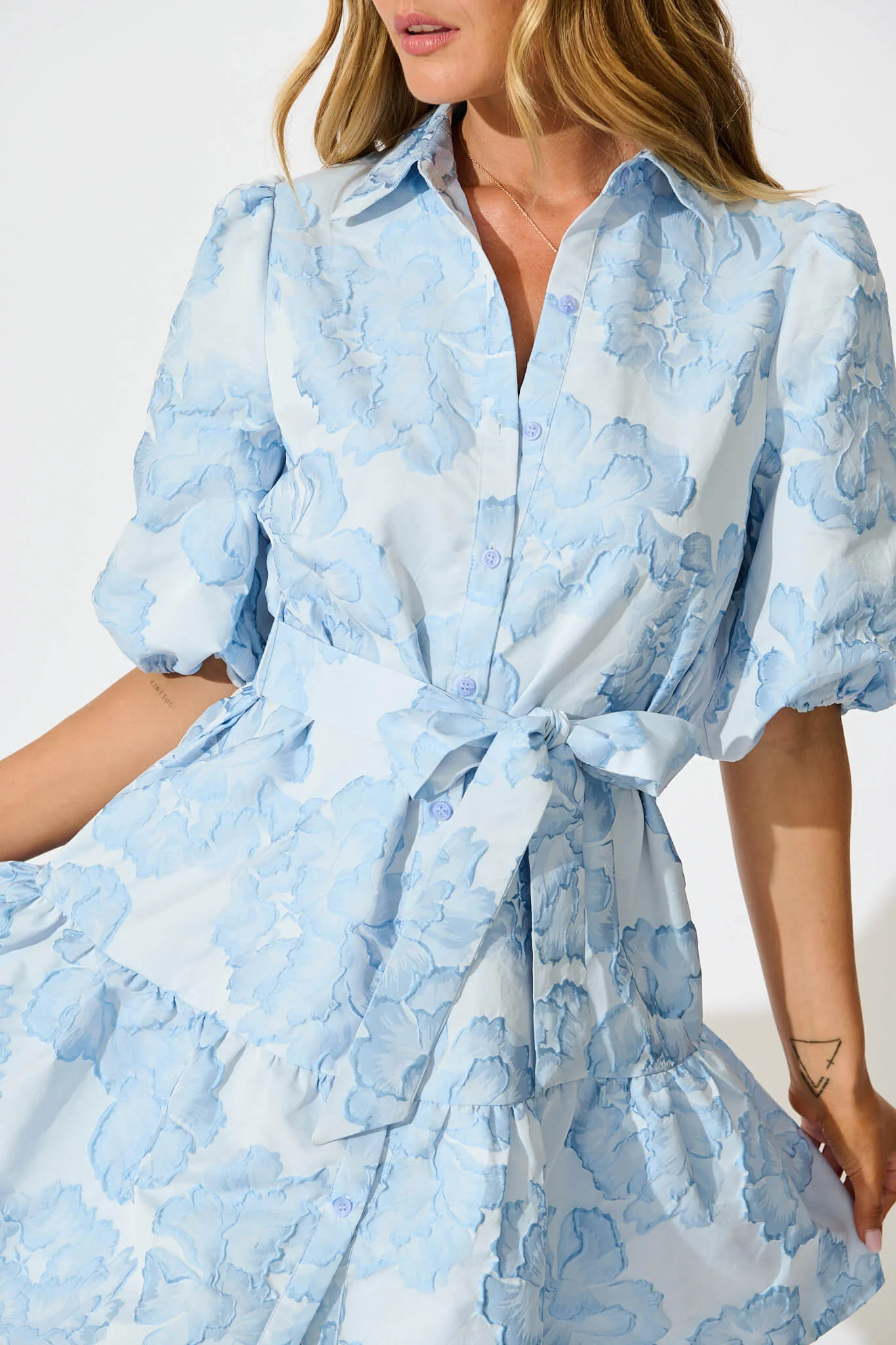 Fione Shirt Dress in Pale Blue Floral Jacquard - Image 5