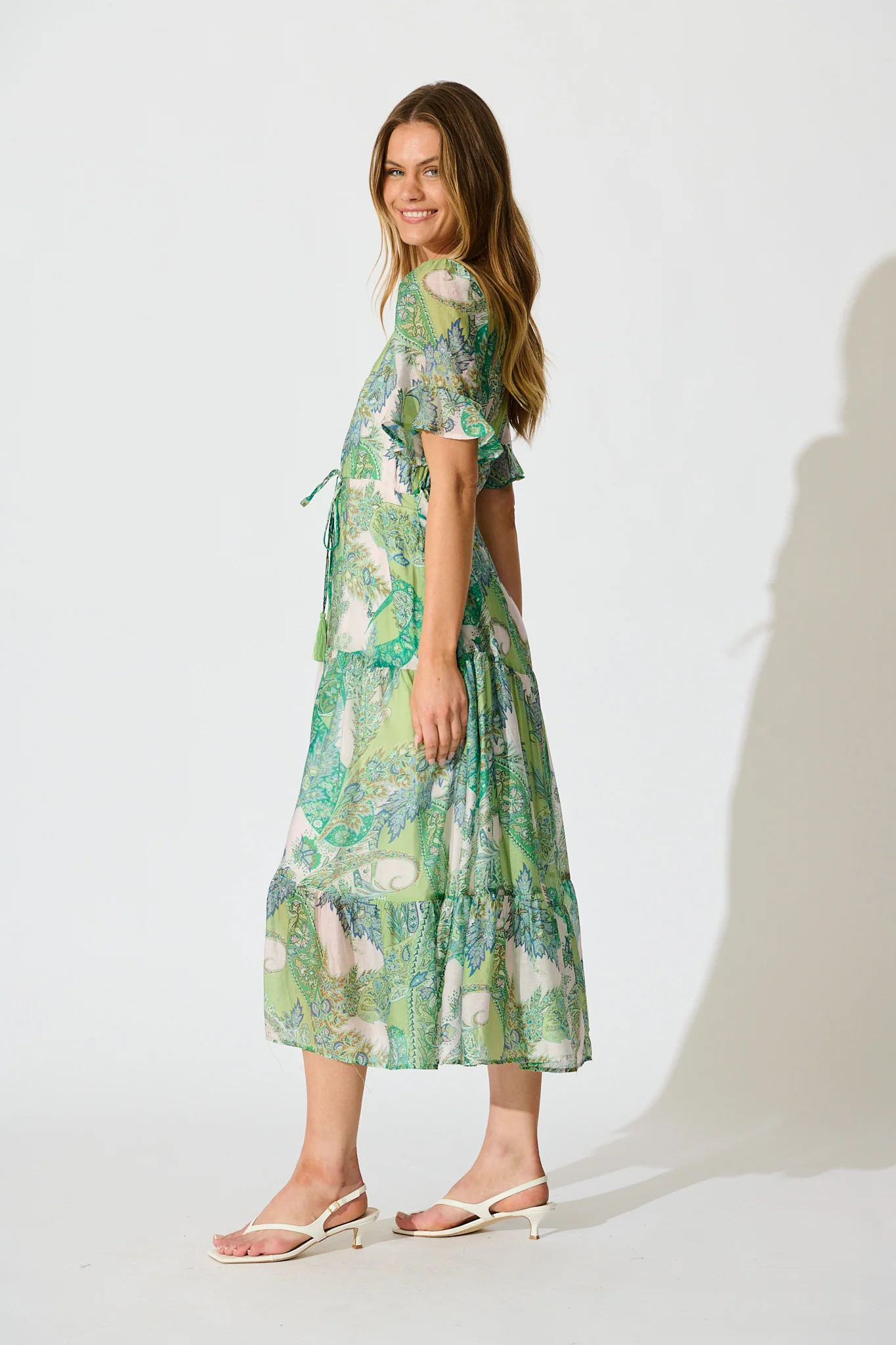 Flamenco Rose Midi Dress in Green Multi Print - Image 3