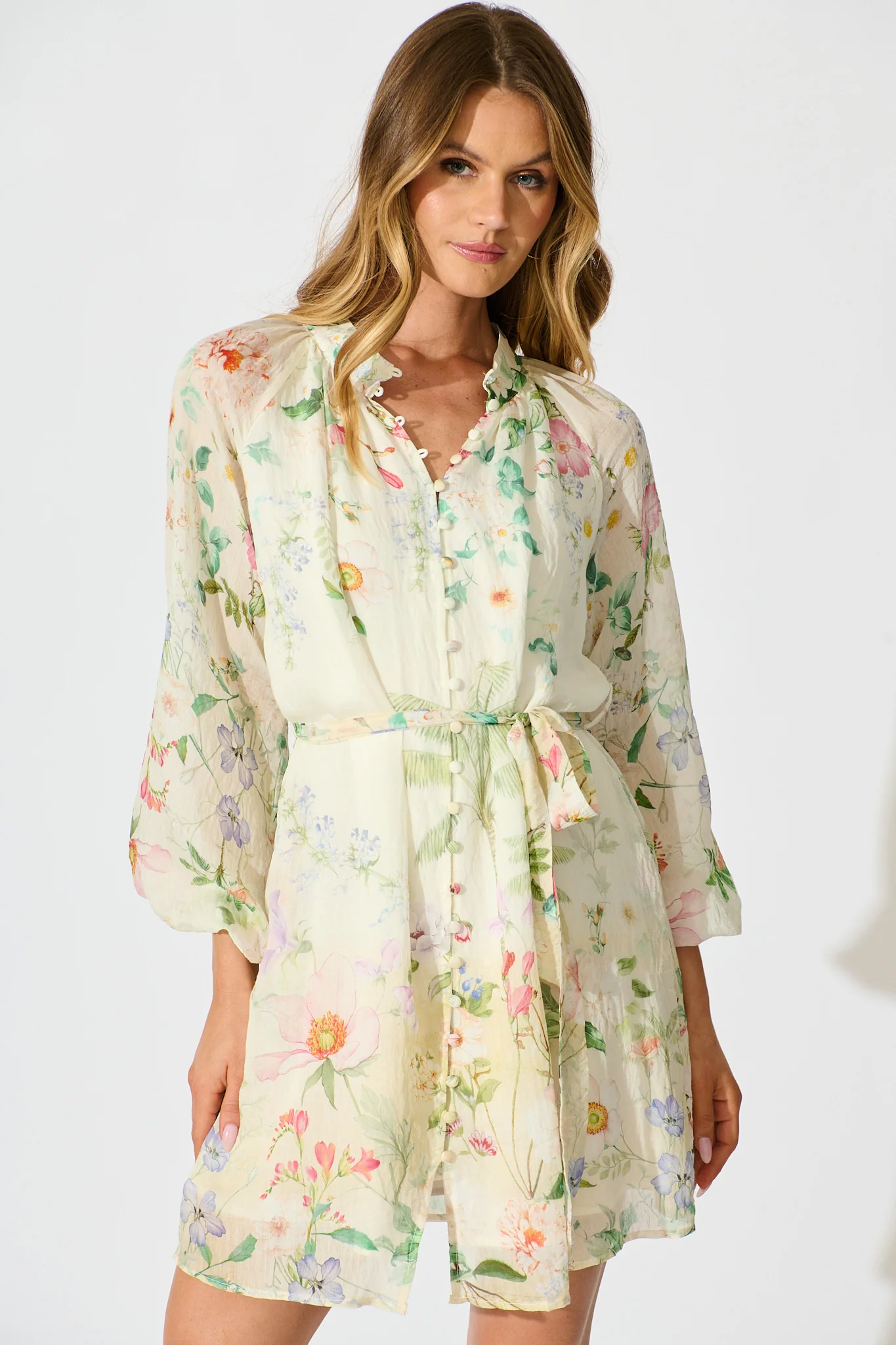 Flo Dress in Cream With Green Floral Print - Image 2