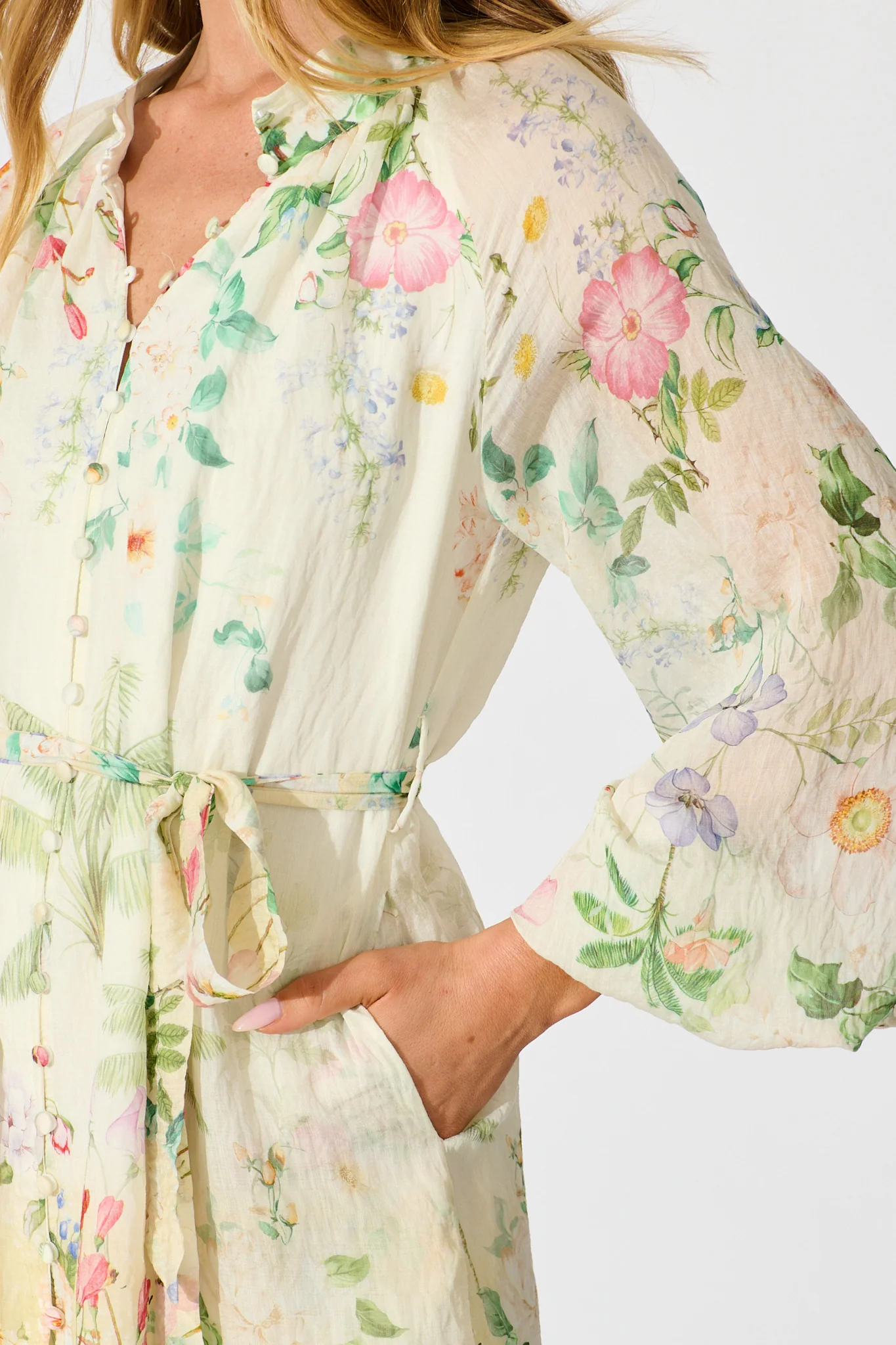Flo Dress in Cream With Green Floral Print - Image 5