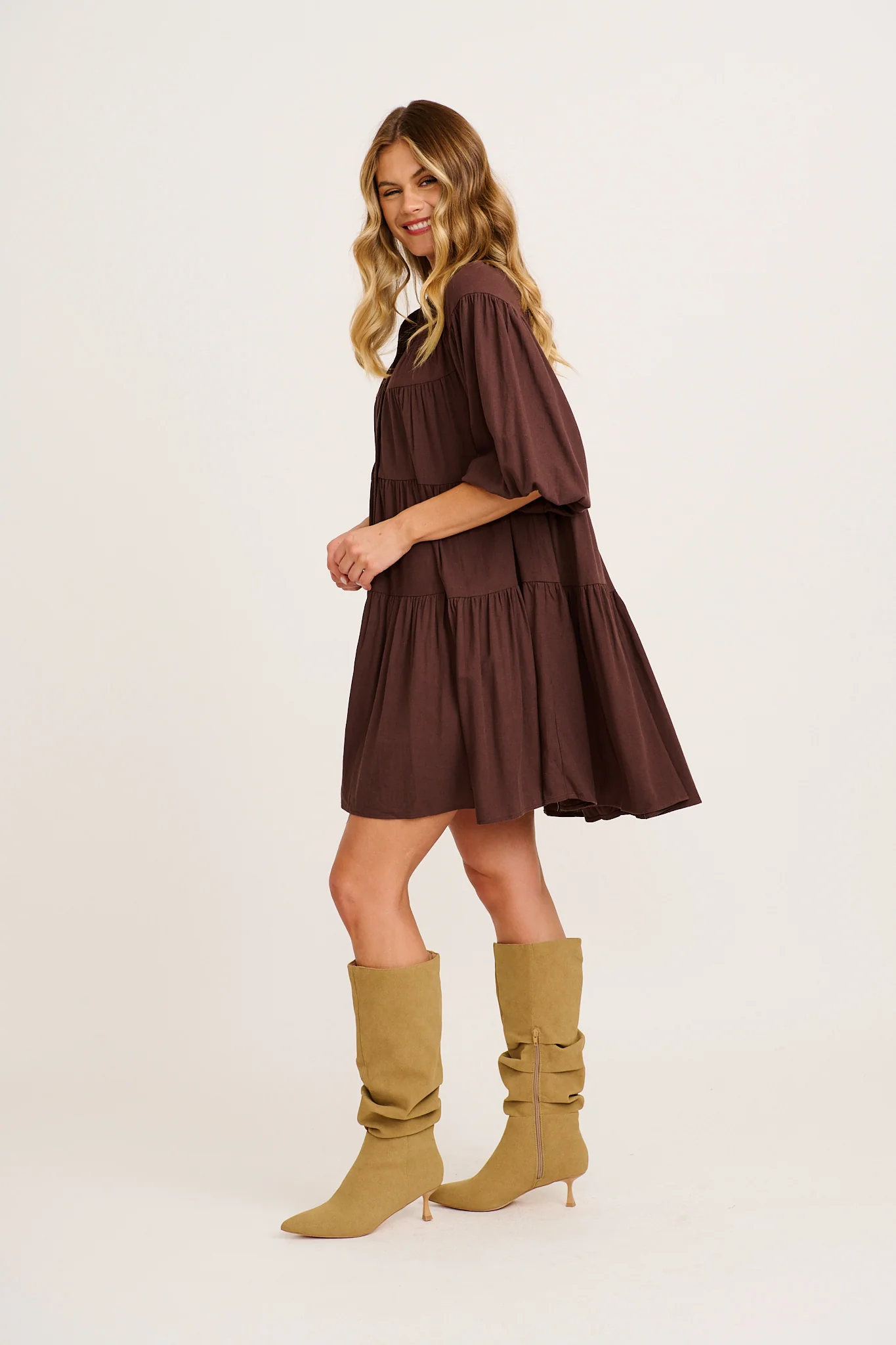 Floating Free Smock Dress in Chocolate Cotton Linen - Image 3