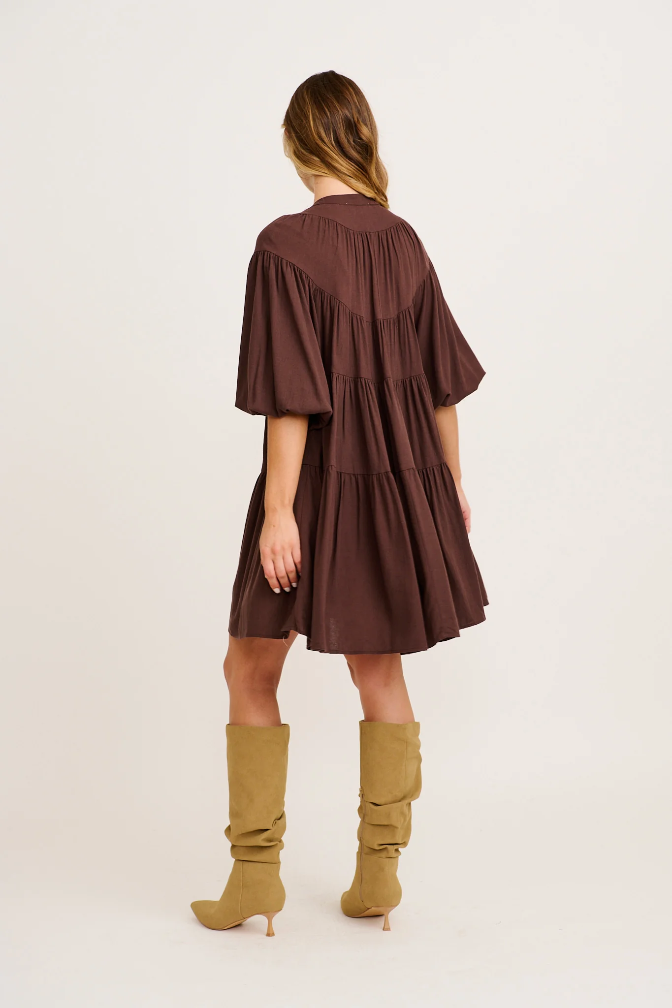 Floating Free Smock Dress in Chocolate Cotton Linen - Image 4