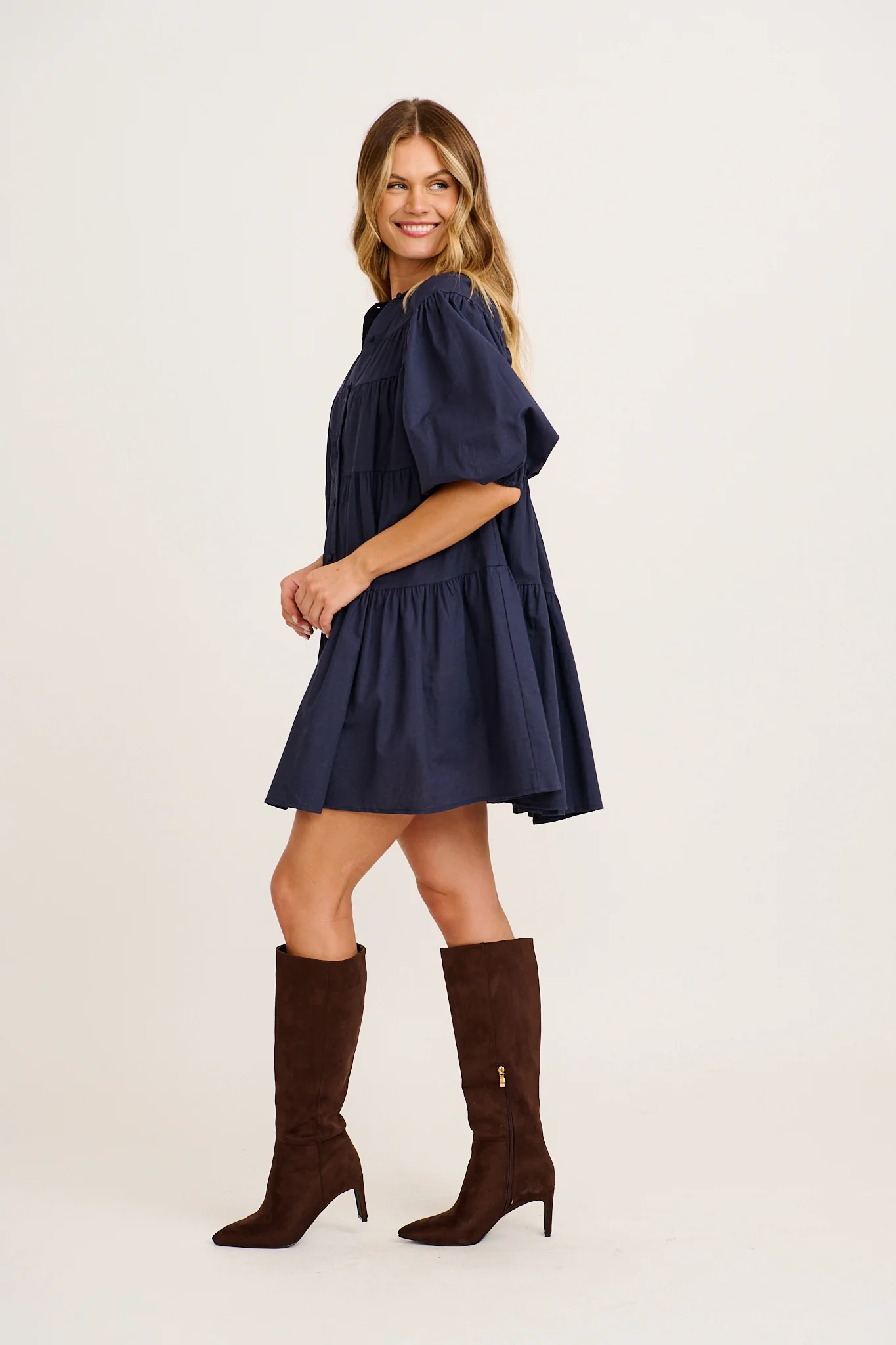 Floating Free Smock Dress in Navy Cotton Linen - Image 3