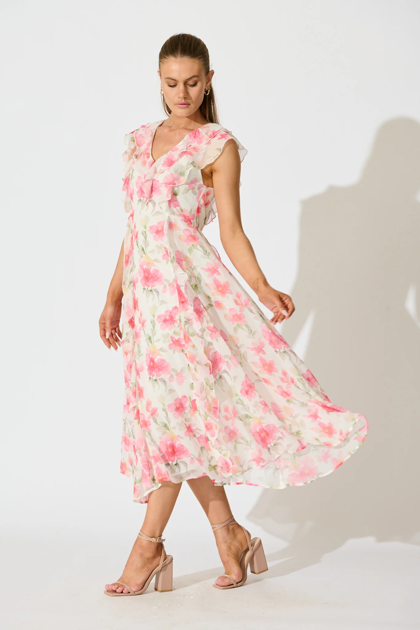 Flora Belle Midi Dress in White with Pink Floral - Image 3