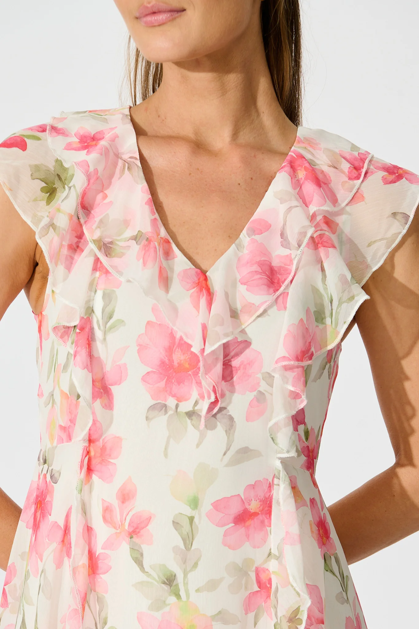 Flora Belle Midi Dress in White with Pink Floral - Image 5