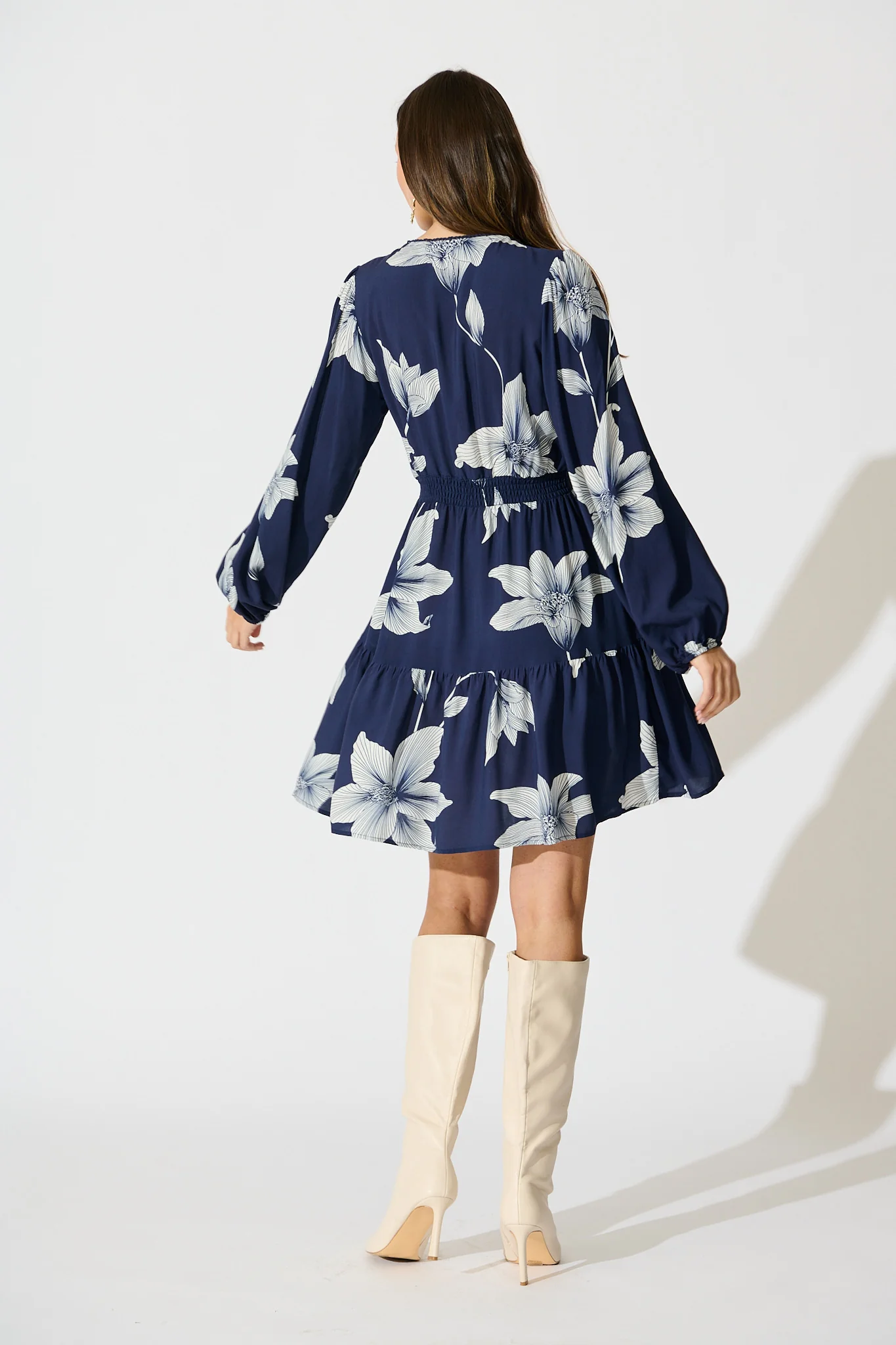 Flora Drift Dress in Navy with White Floral Print - Image 4