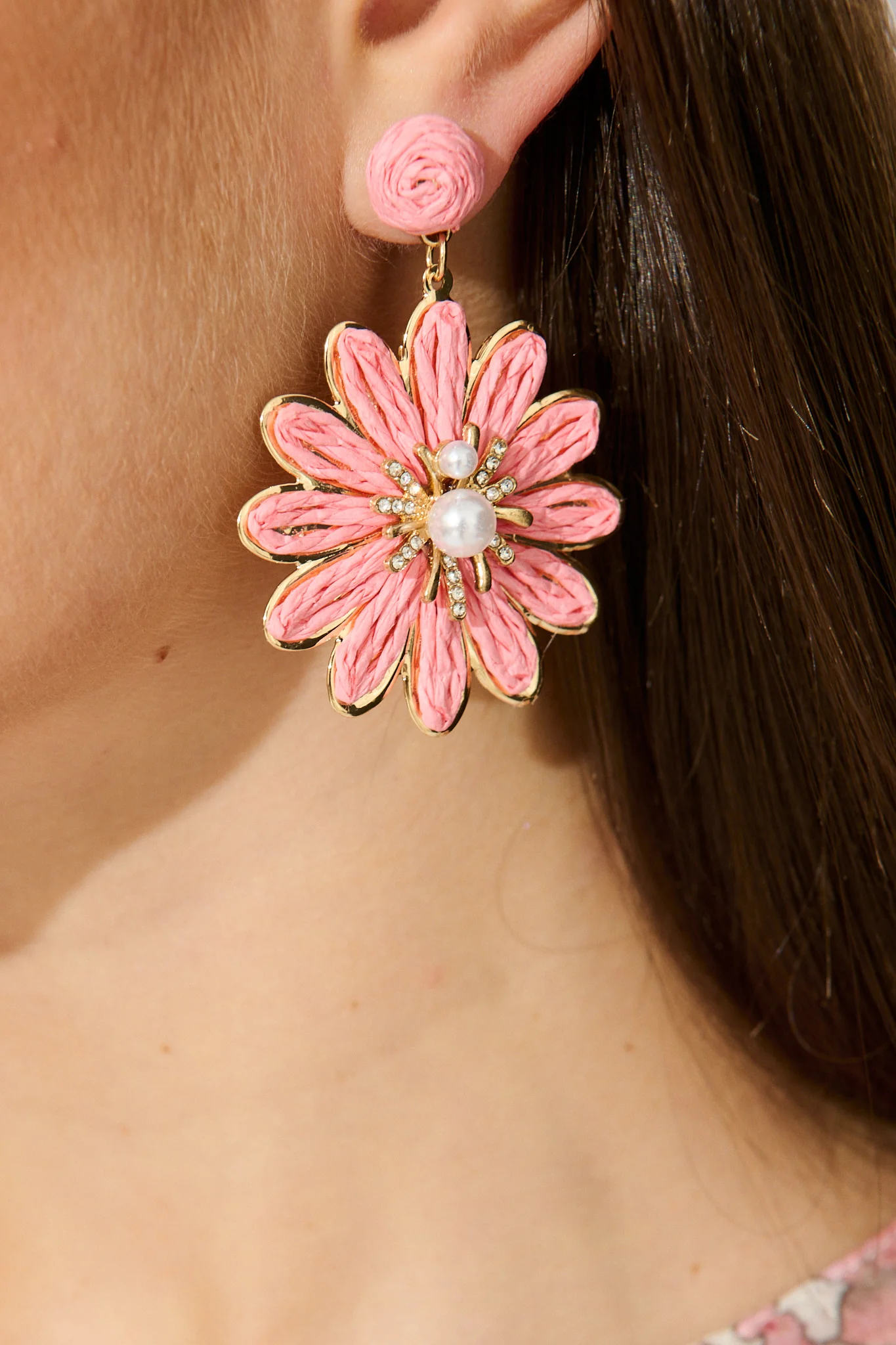 Flora Drop Earrings in Pink and Gold Daisy Raffia - Image 2