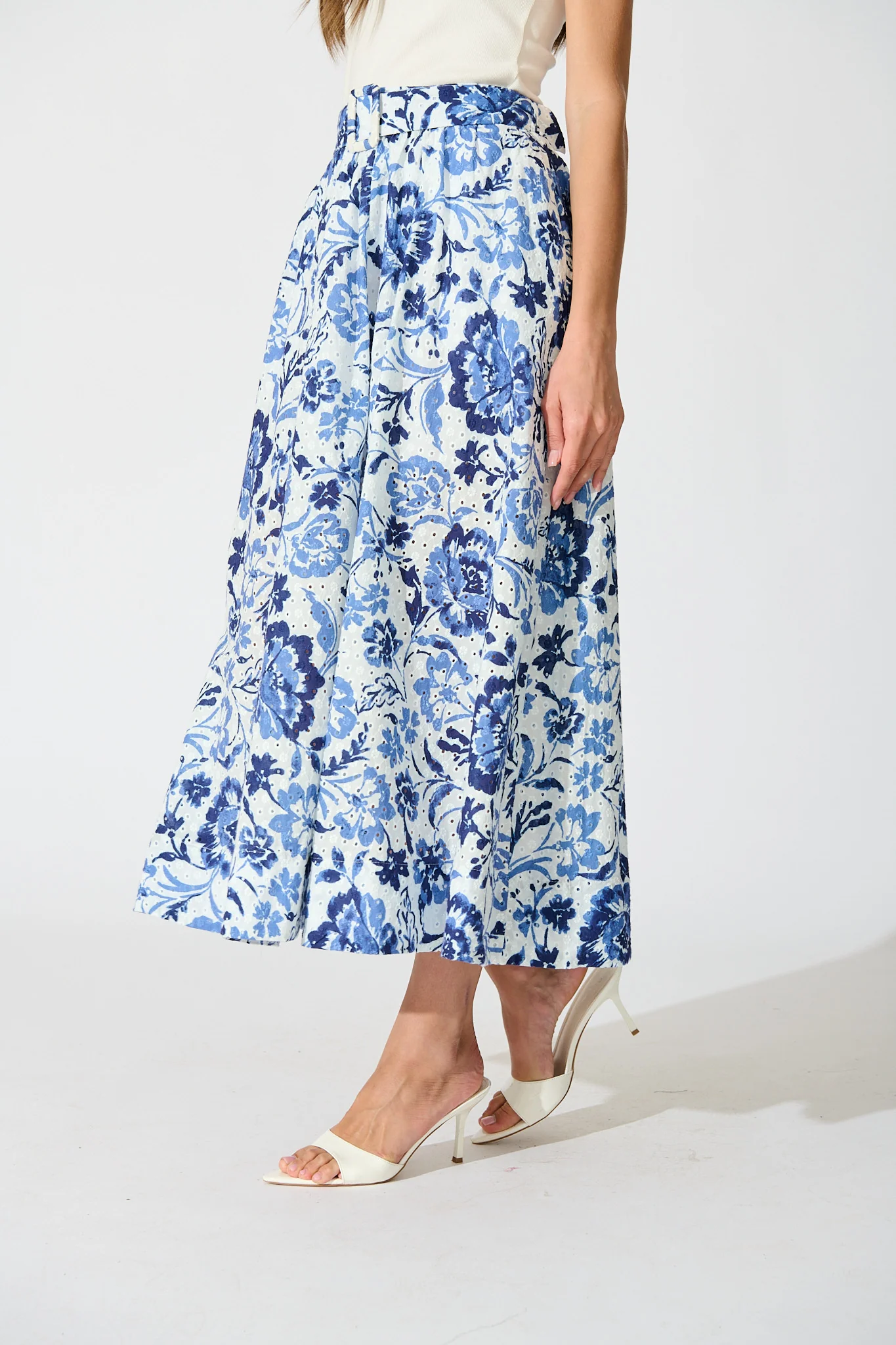 Florabel Maxi Skirt in White with Blue Floral Embroidery - Image 2