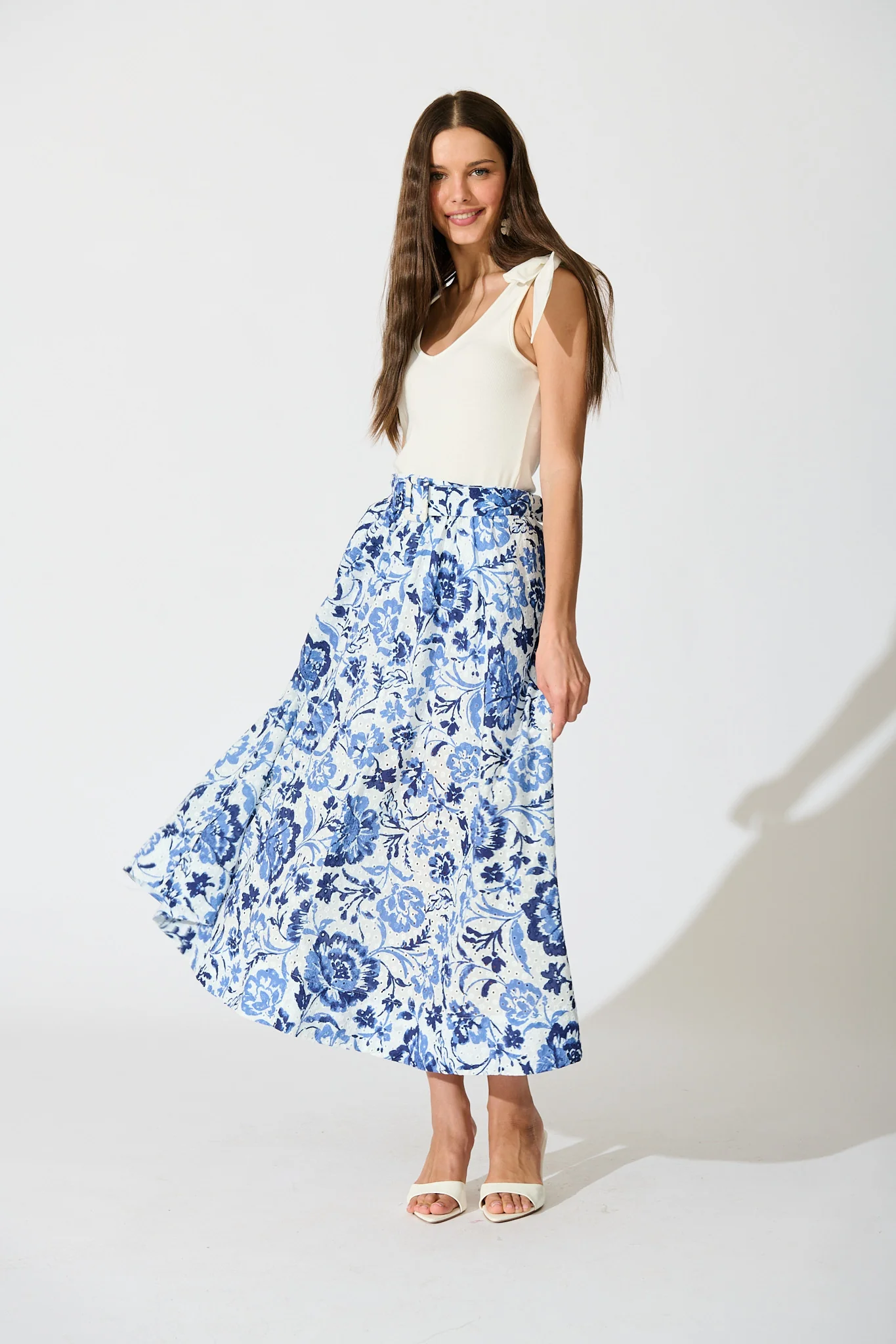 Florabel Maxi Skirt in White with Blue Floral Embroidery - Image 5
