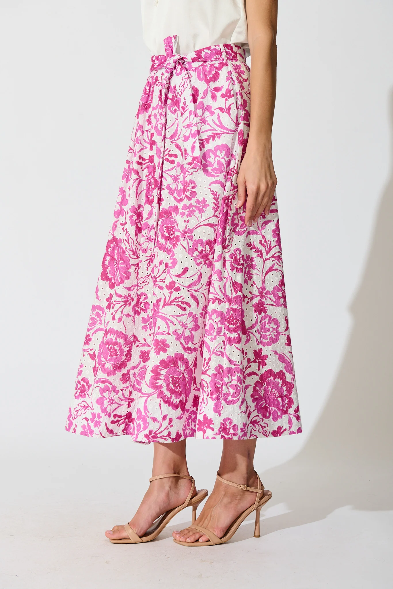 Florabel Maxi Skirt in White with Pink Floral Embroidery - Image 2