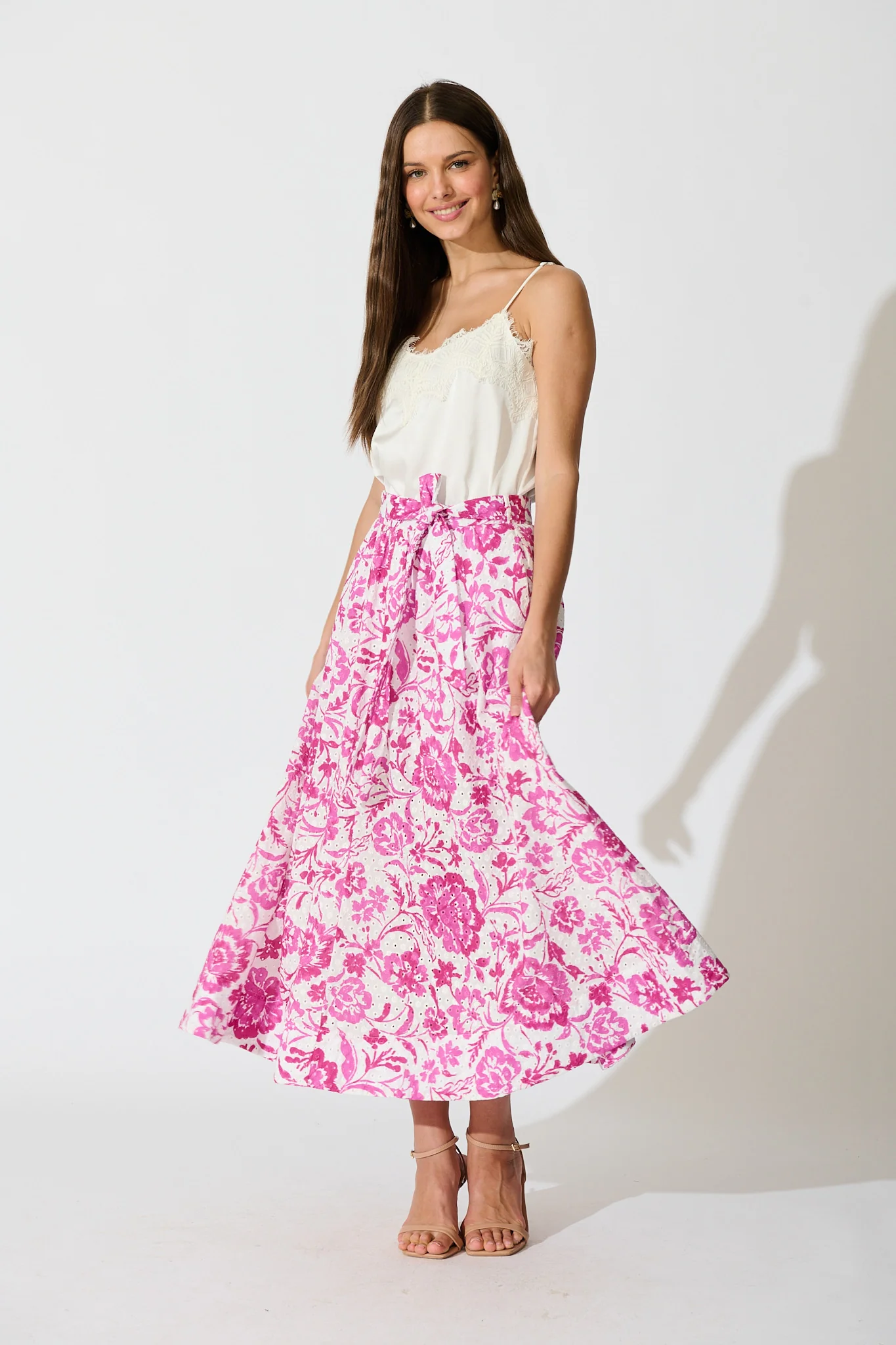 Florabel Maxi Skirt in White with Pink Floral Embroidery - Image 3