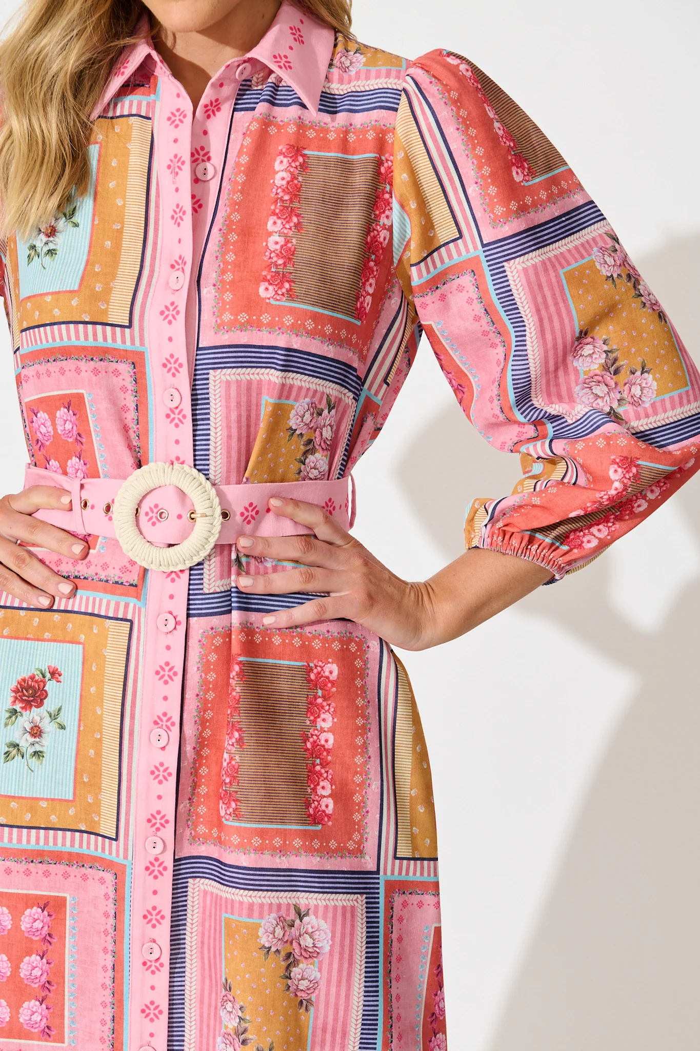 Floral Mirage Midi Shirt Dress in Pink Multi Floral Tile Print - Image 5