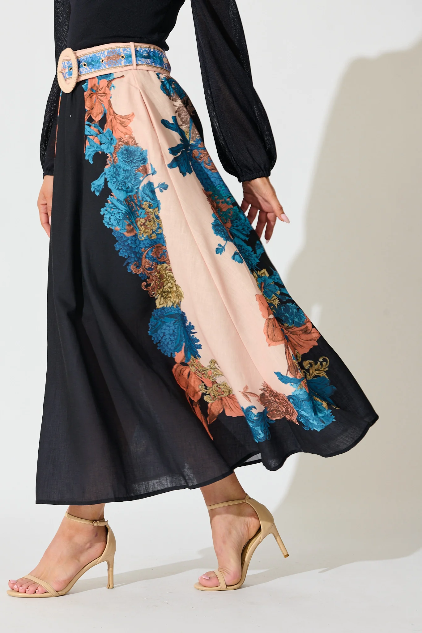 Floral Muse Maxi Skirt in Black Multi Floral Linen Blend - Image 2
