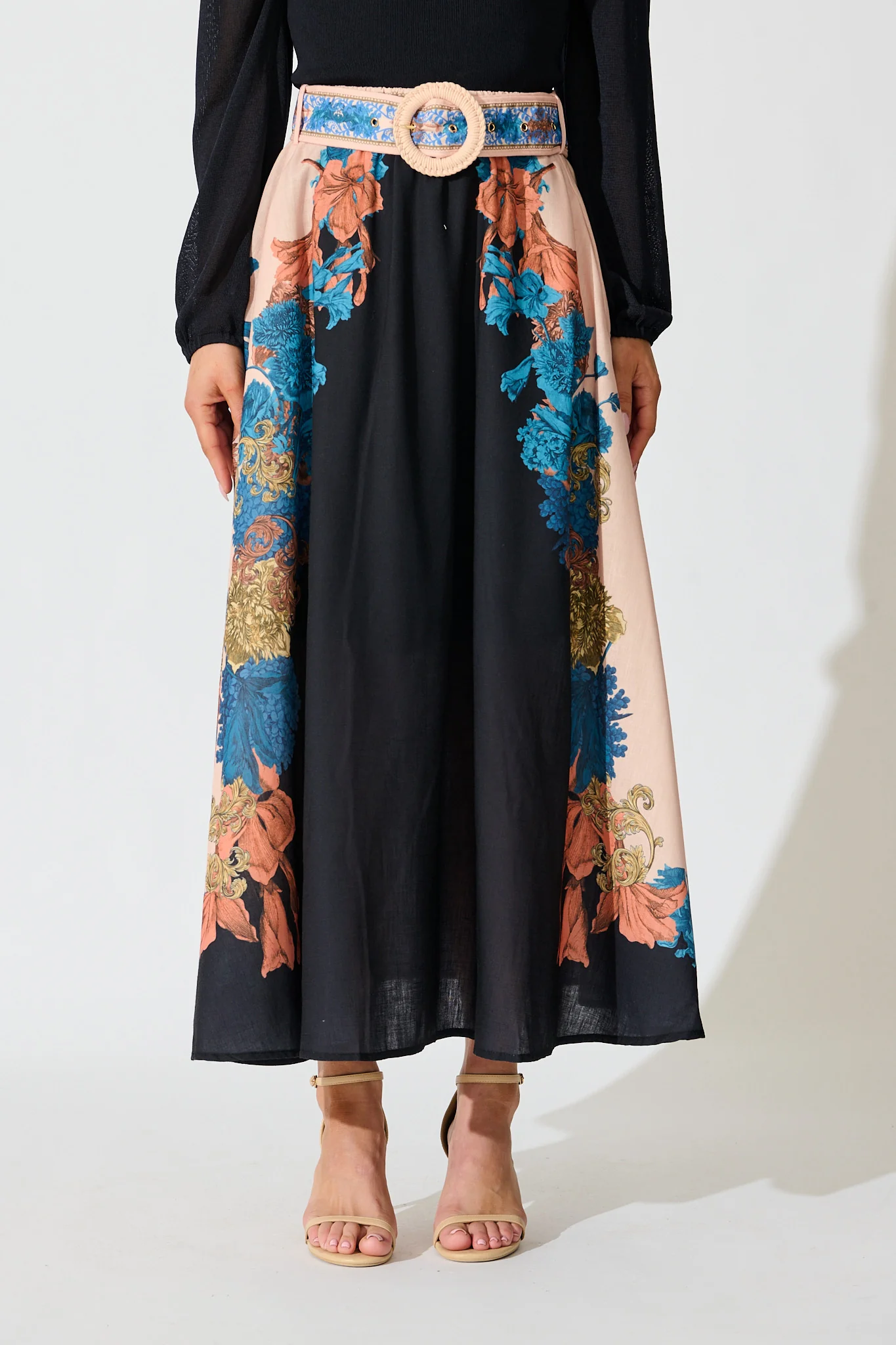 Floral Muse Maxi Skirt in Black Multi Floral Linen Blend - Image 3