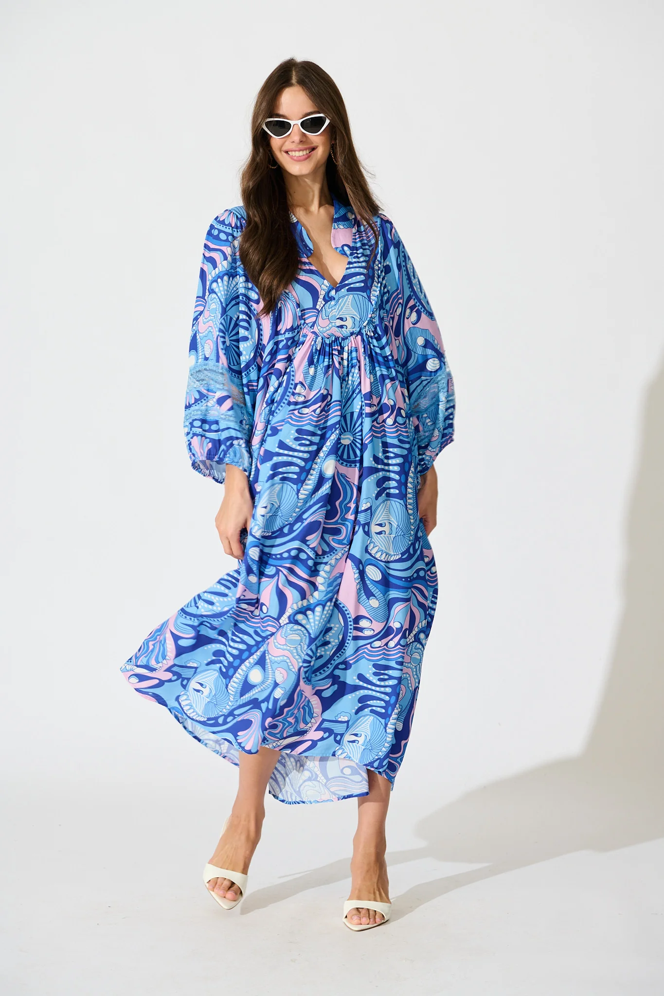 Flore Midi Smock Dress in Multi Blue Print