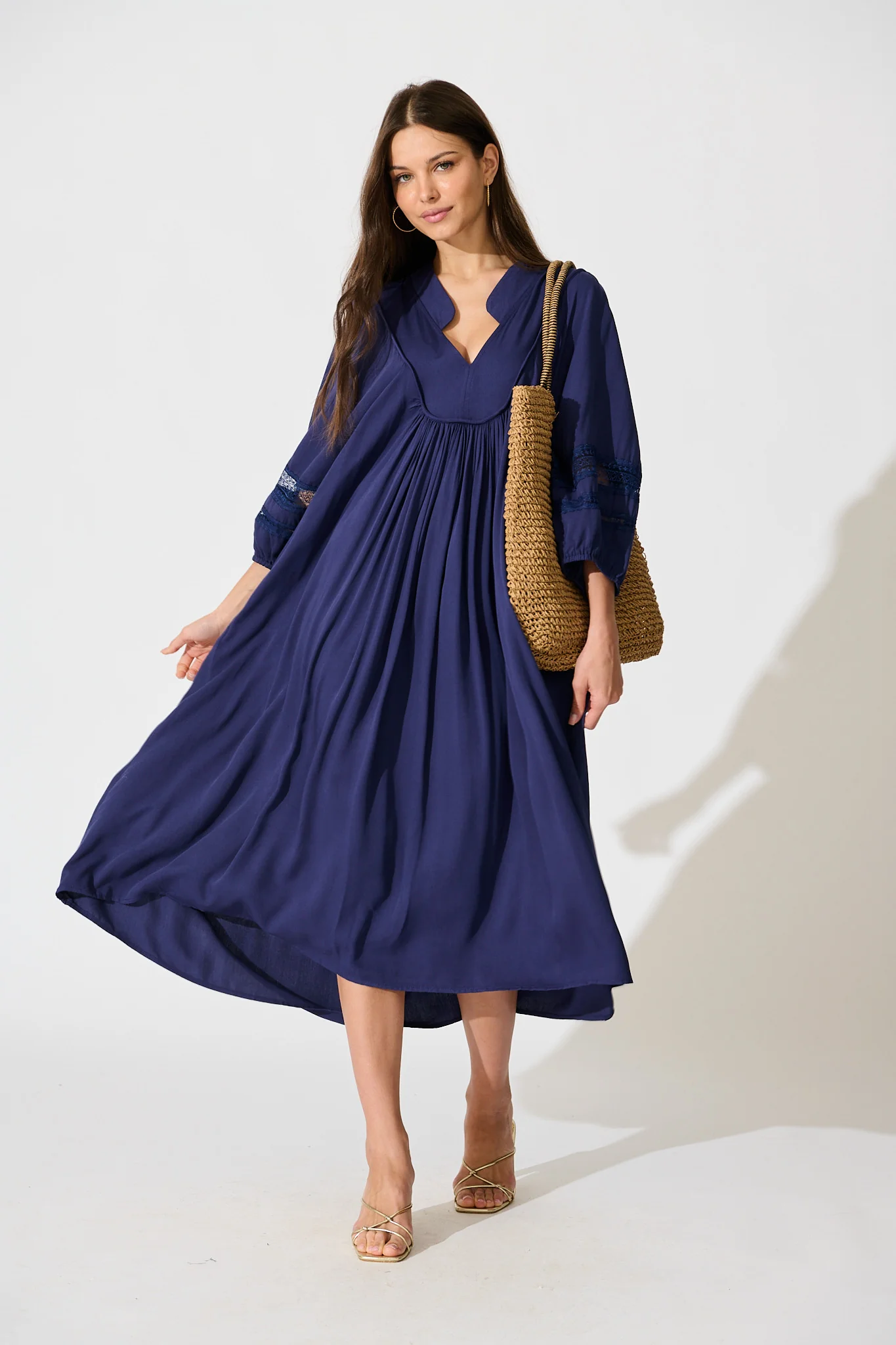 Flore Midi Smock Dress in Navy