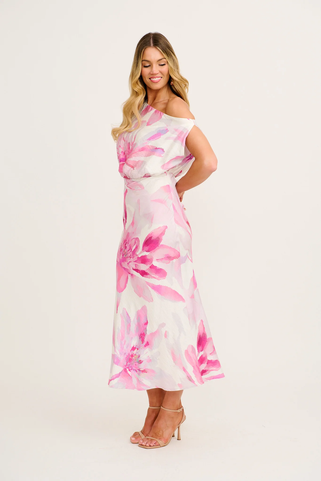 Flower Markets Off Shoulder Maxi Dress in White with Pink Floral - Image 3