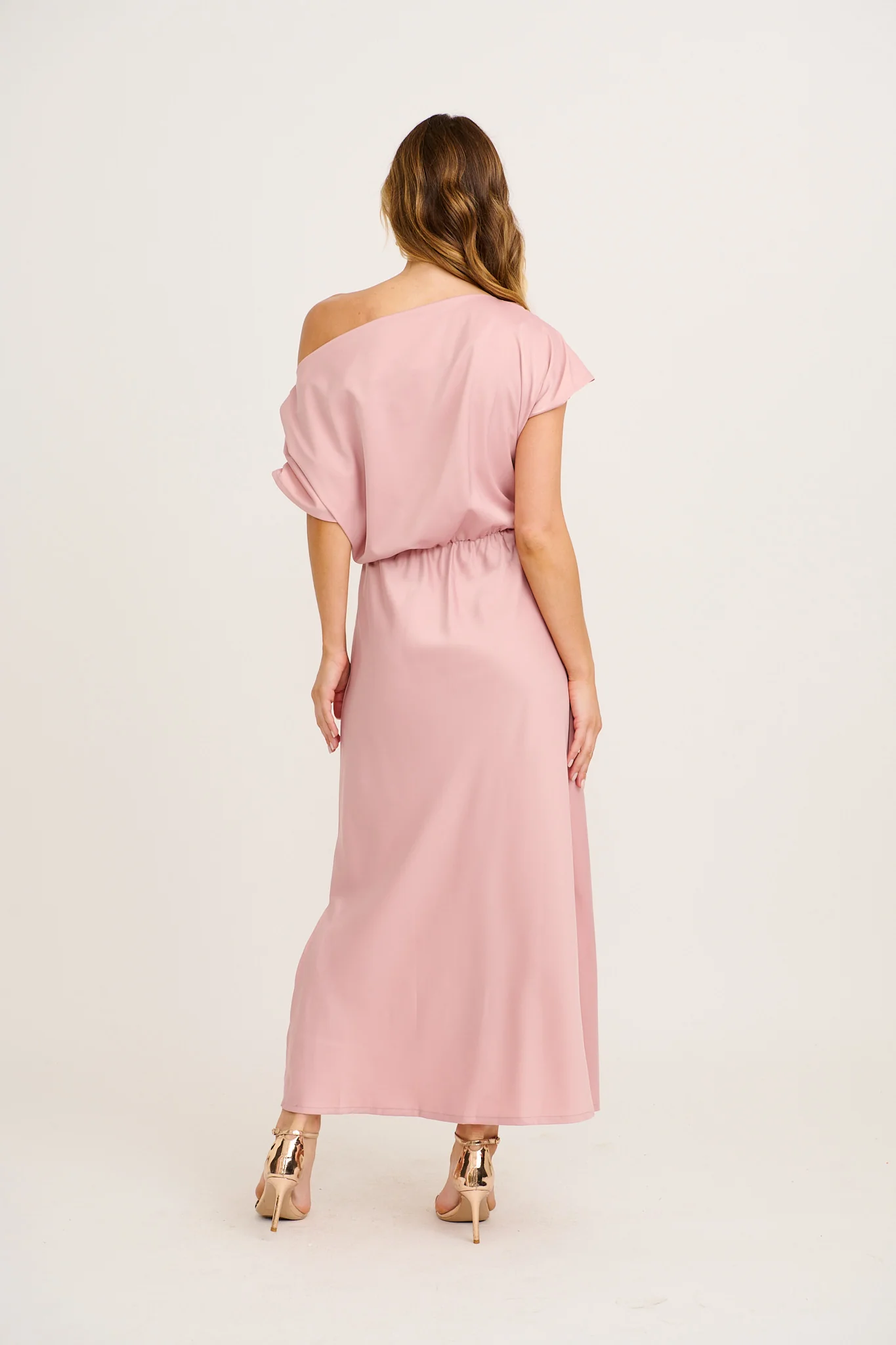 Forever And Always Maxi Off Shoulder Dress in Blush Satin - Image 6