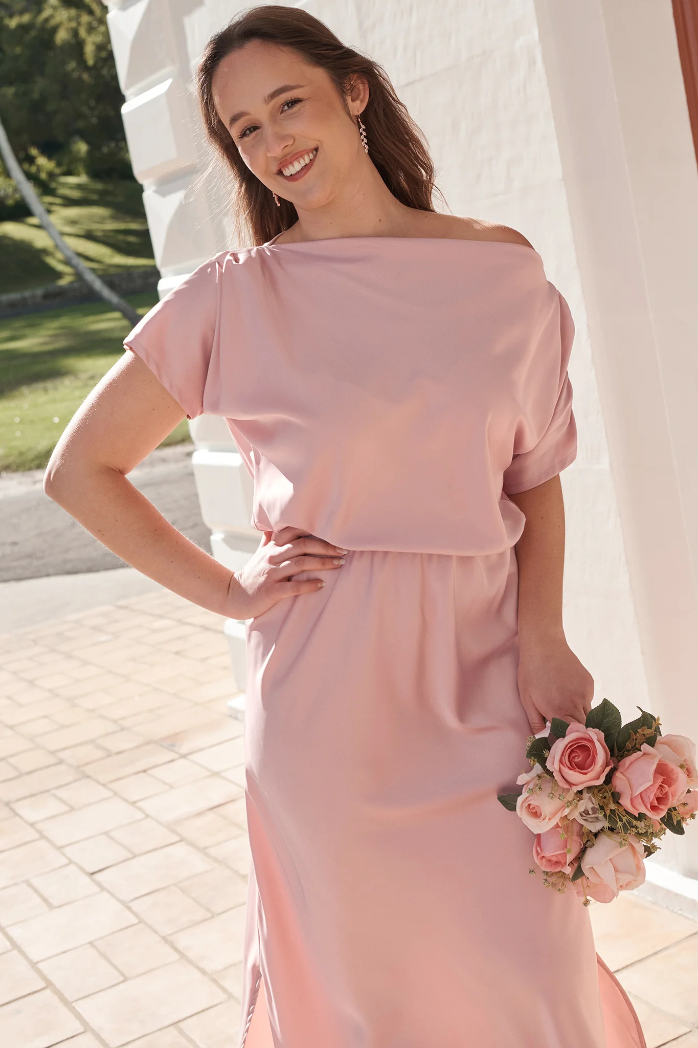 Forever And Always Maxi Off Shoulder Dress in Blush Satin - Image 7