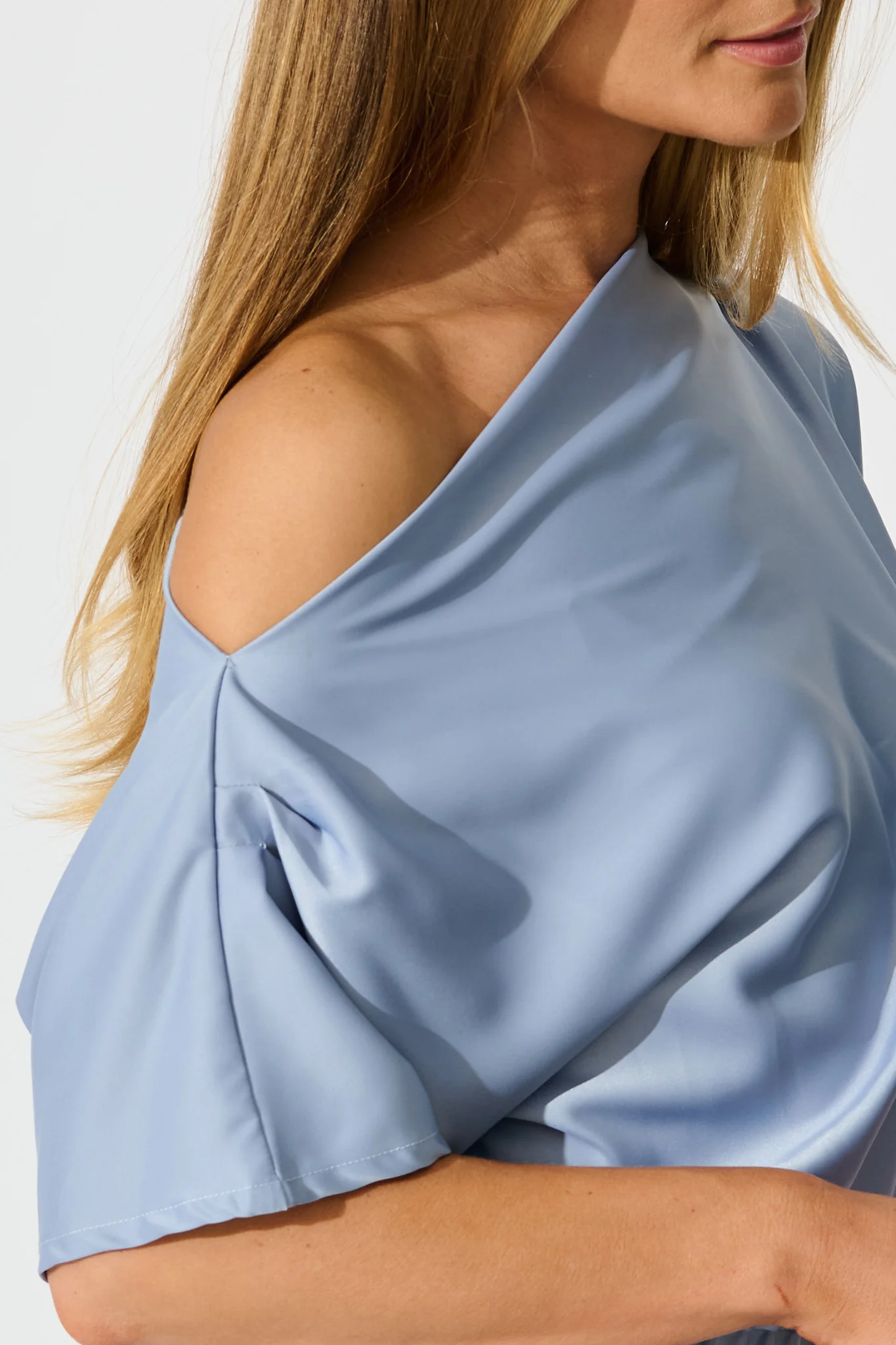 Forever And Always Maxi Off Shoulder Dress in Ice Blue Satin - Image 8