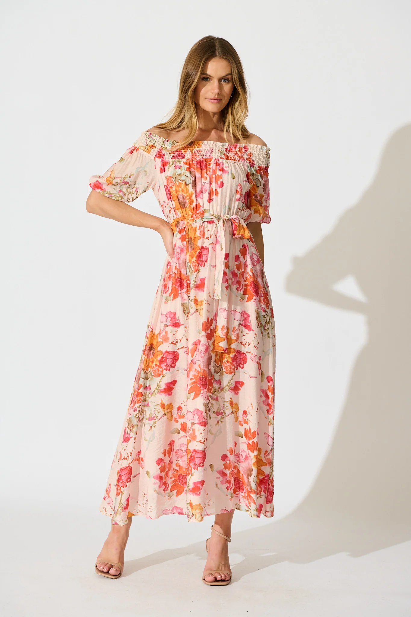 Fotini Off the Shoulder Dress in Blush with Tangerine Floral
