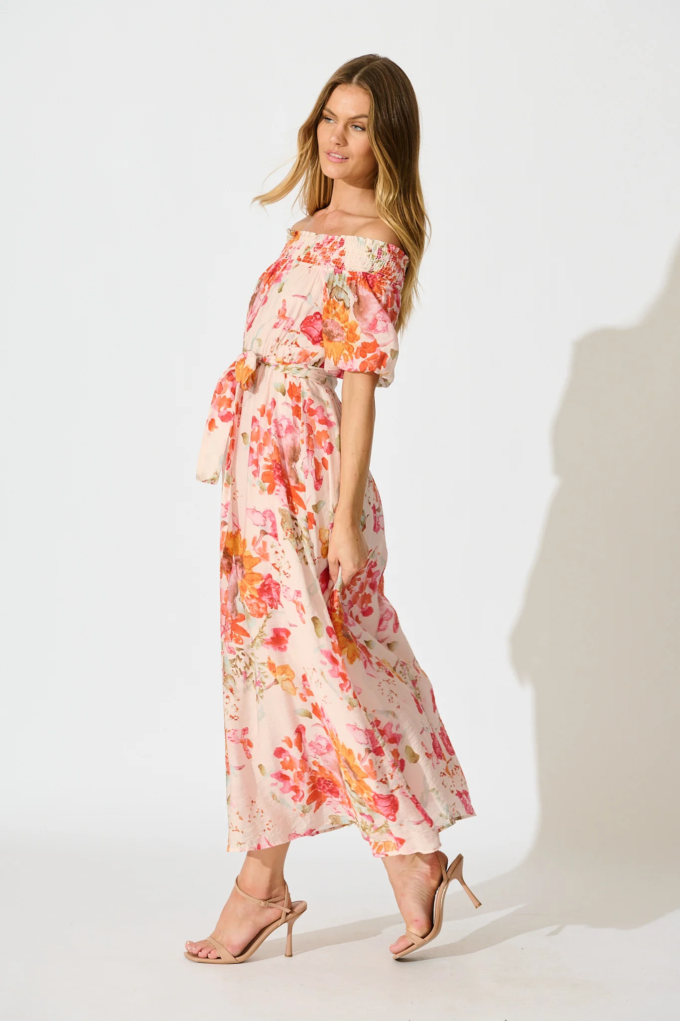 Fotini Off the Shoulder Dress in Blush with Tangerine Floral - Image 3