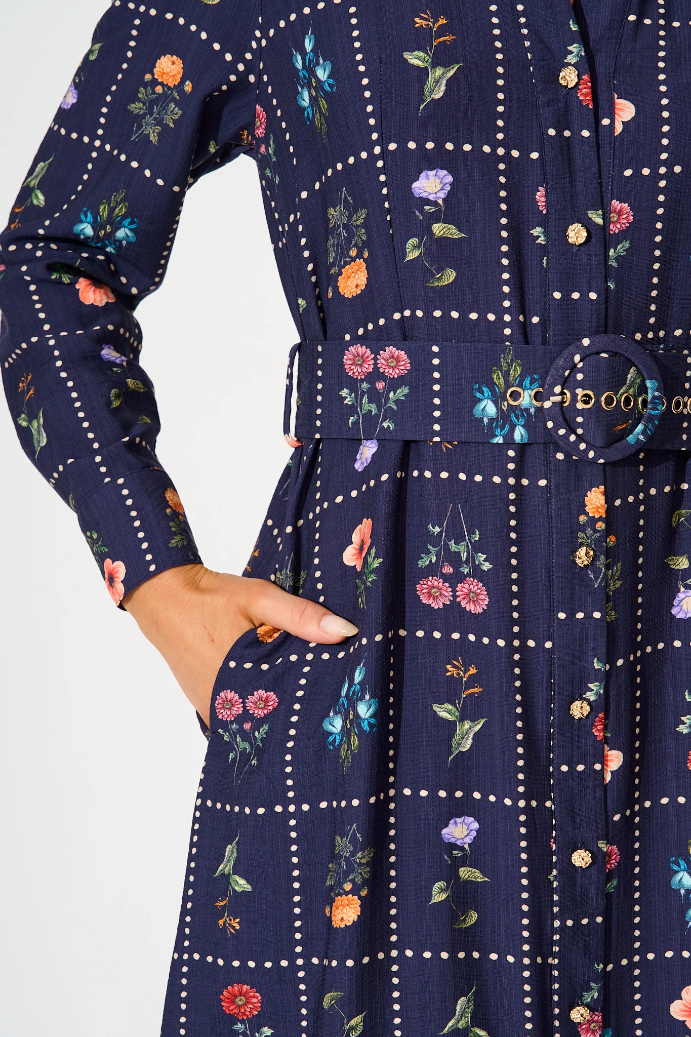 Framed in Florals Midi Shirt Dress in Navy with Multi Floral - Image 5