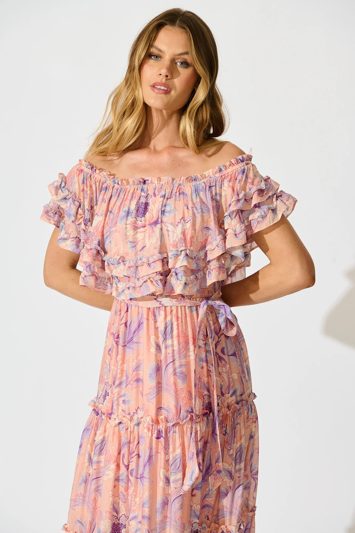Franc Midi Dress in Soft Peach with Lilac Floral Chiffon - Image 2