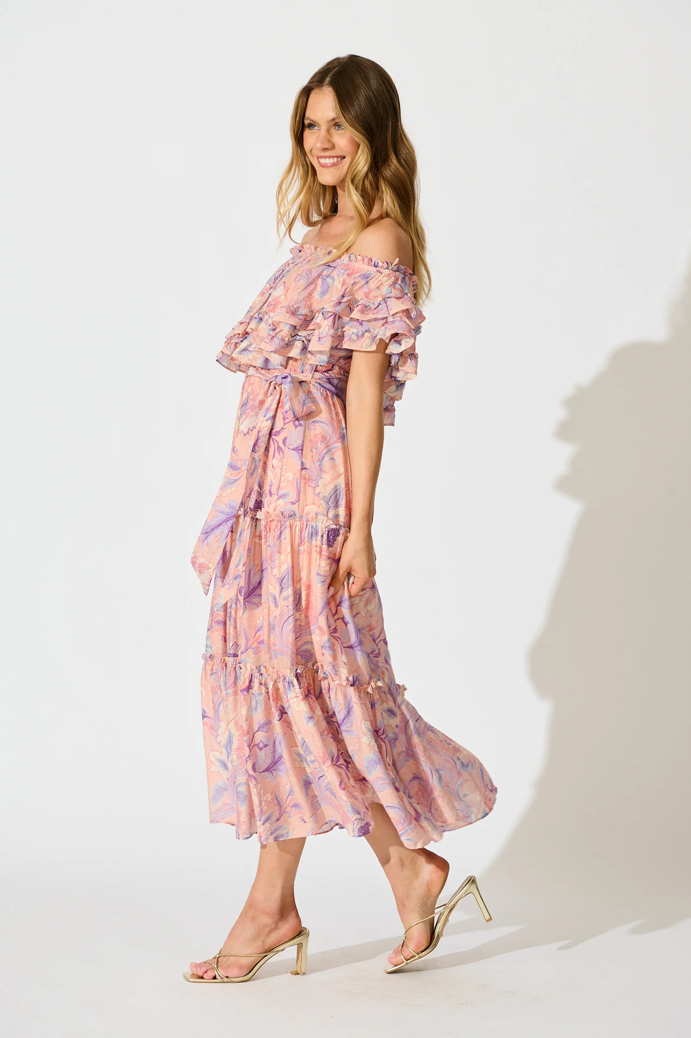 Franc Midi Dress in Soft Peach with Lilac Floral Chiffon - Image 3