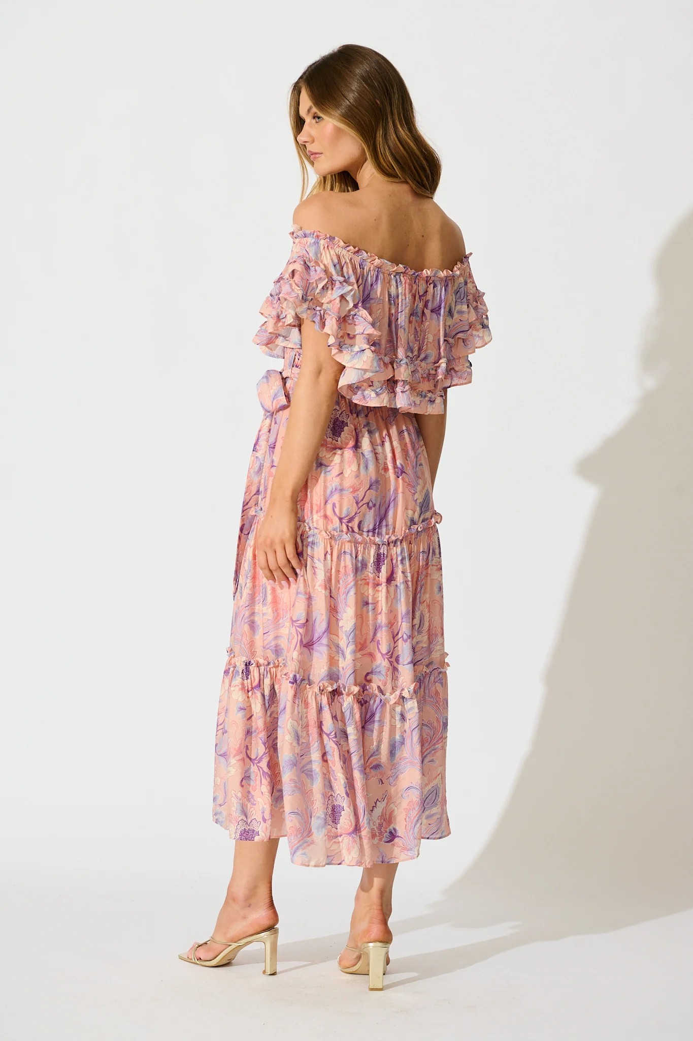 Franc Midi Dress in Soft Peach with Lilac Floral Chiffon - Image 4