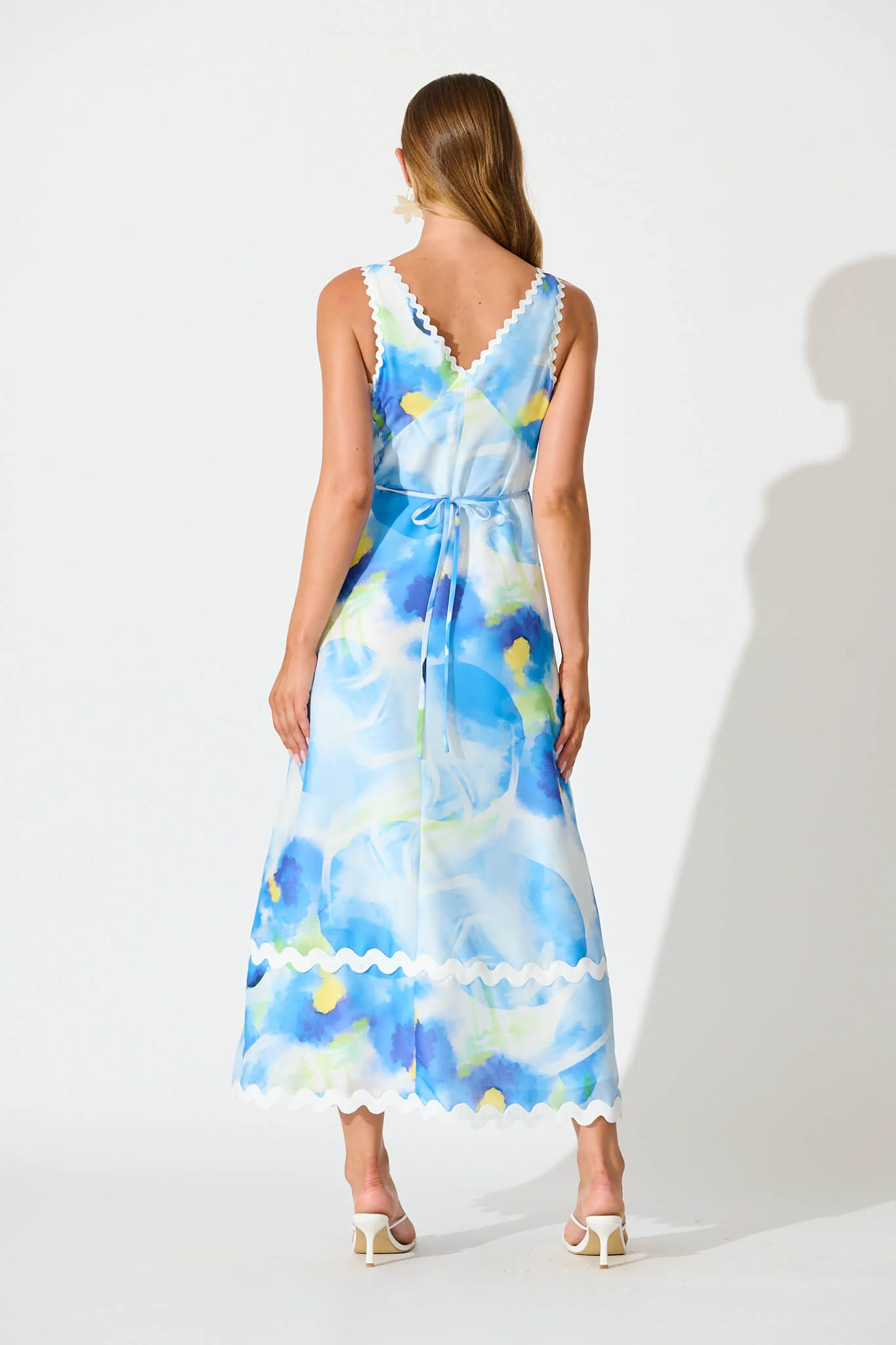Franca Maxi Dress In Blue Watercolour with Ric Rac Trim - Image 4