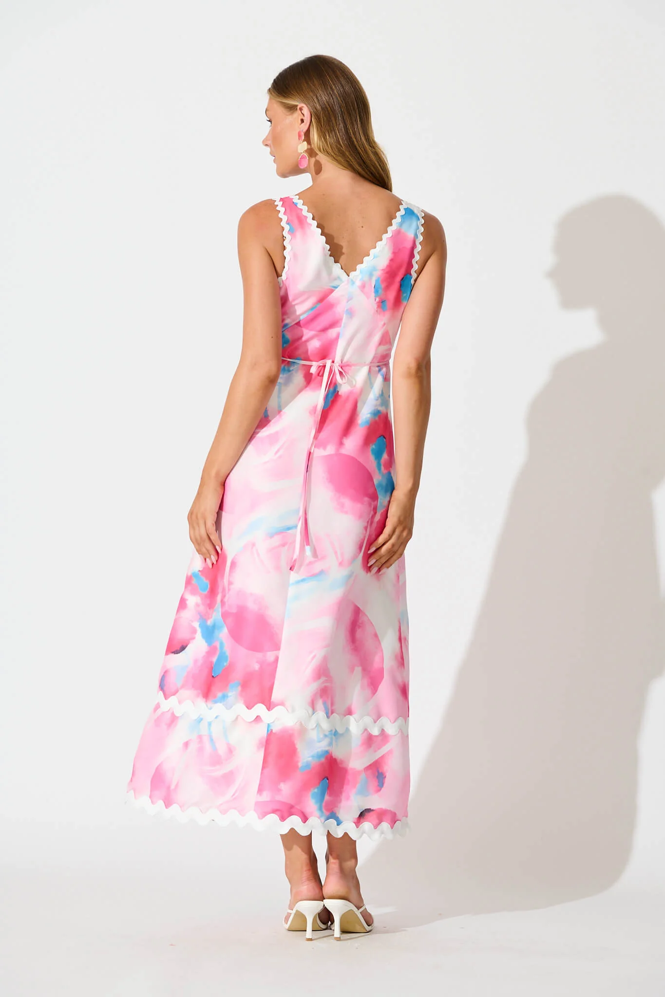 Franca Maxi Dress in Pink Watercolour with Ric Rac Trim - Image 4