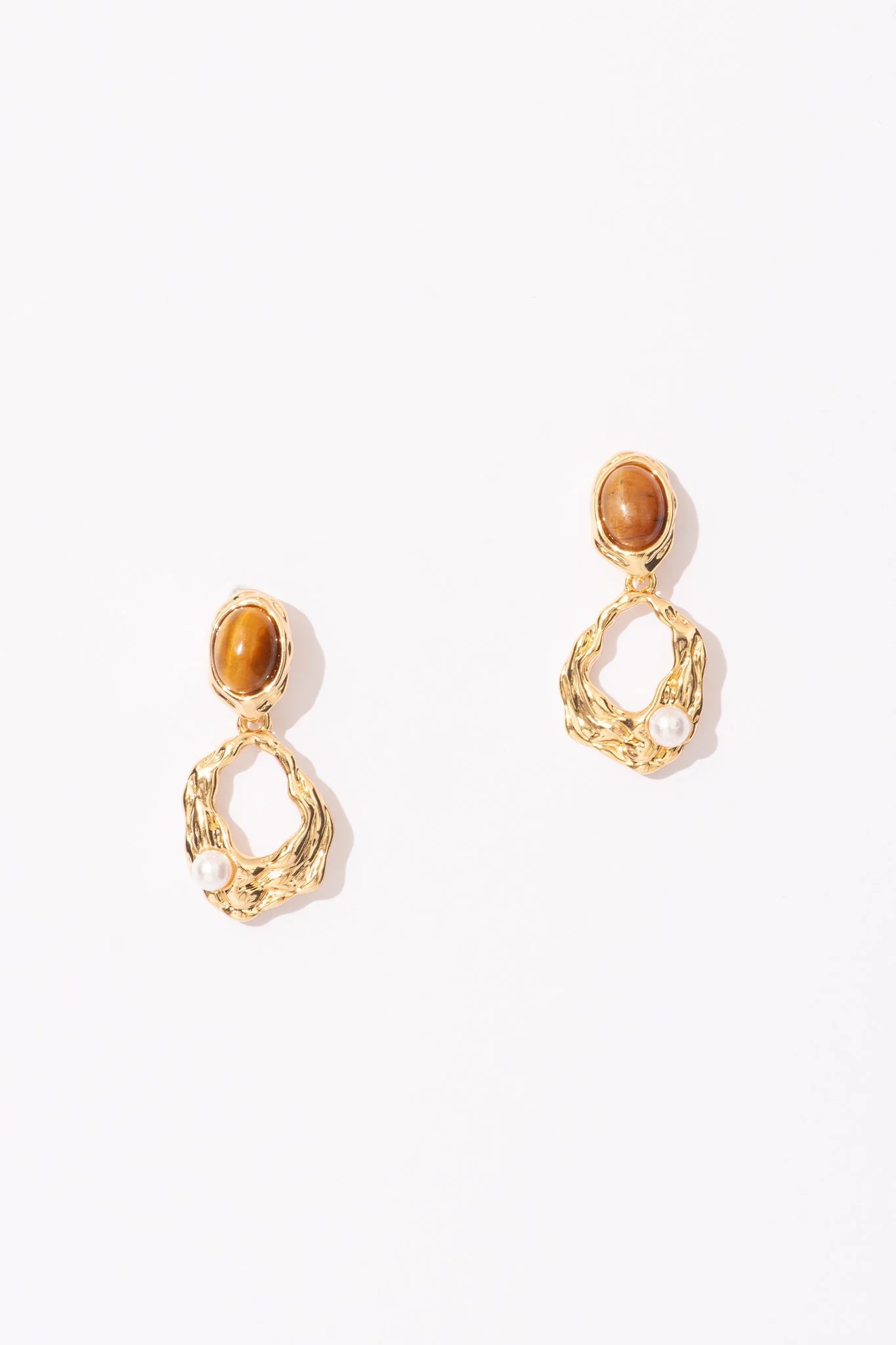 Freya Drop Earrings in Brown Stone with Gold Textured