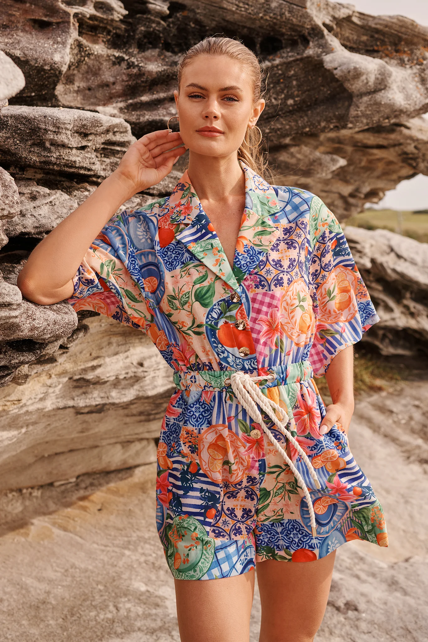 Fruit Crush Playsuit in Multi Fruit Patchwork Linen Blend - Image 2