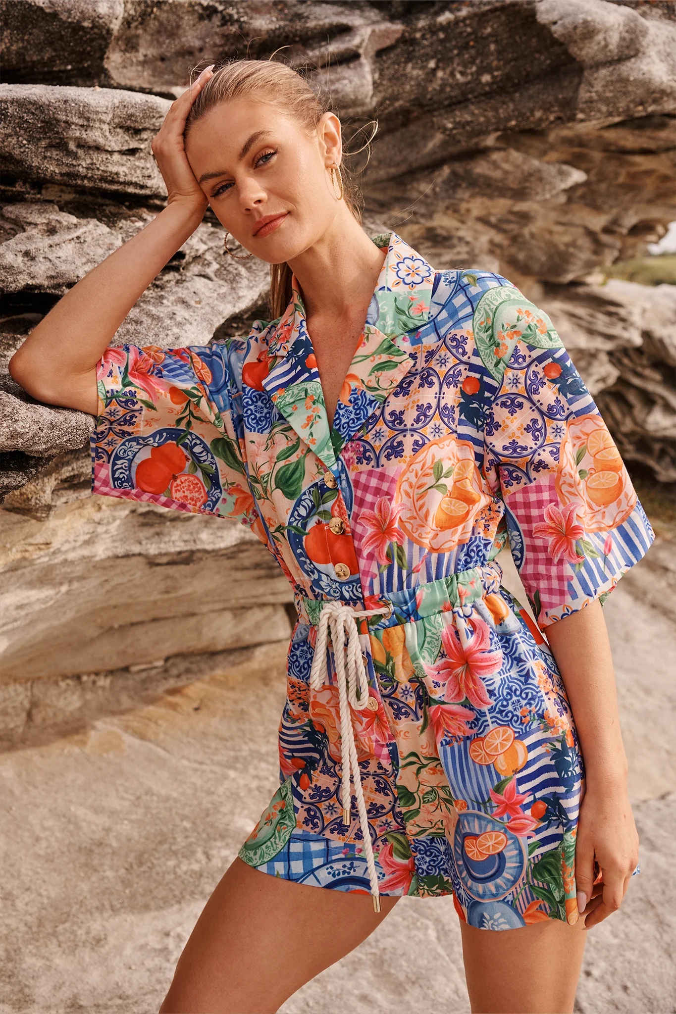 Fruit Crush Playsuit in Multi Fruit Patchwork Linen Blend - Image 5