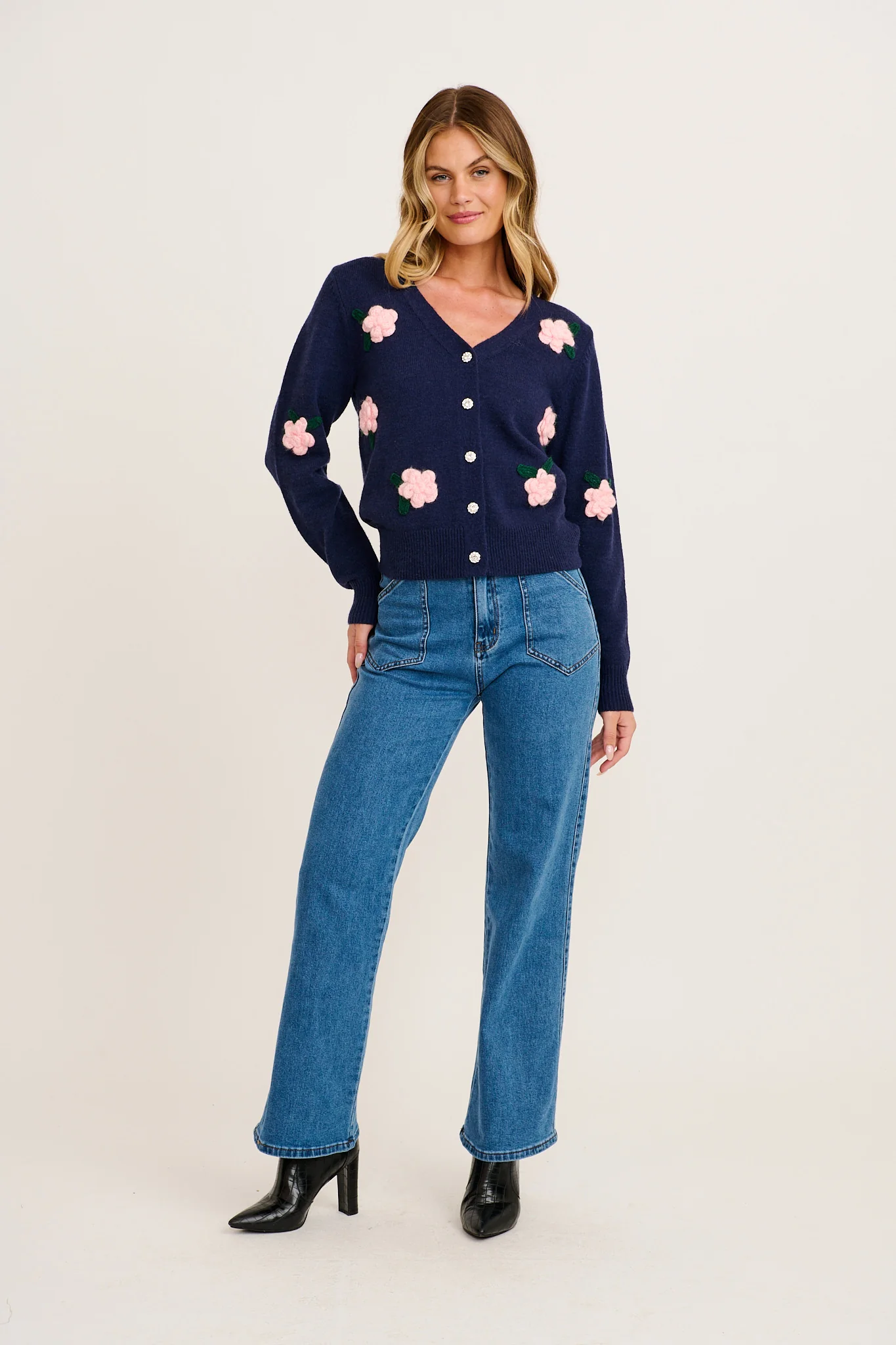 Fuzzy Feeling Knit Cardigan in Navy with Pink Flower - Image 4