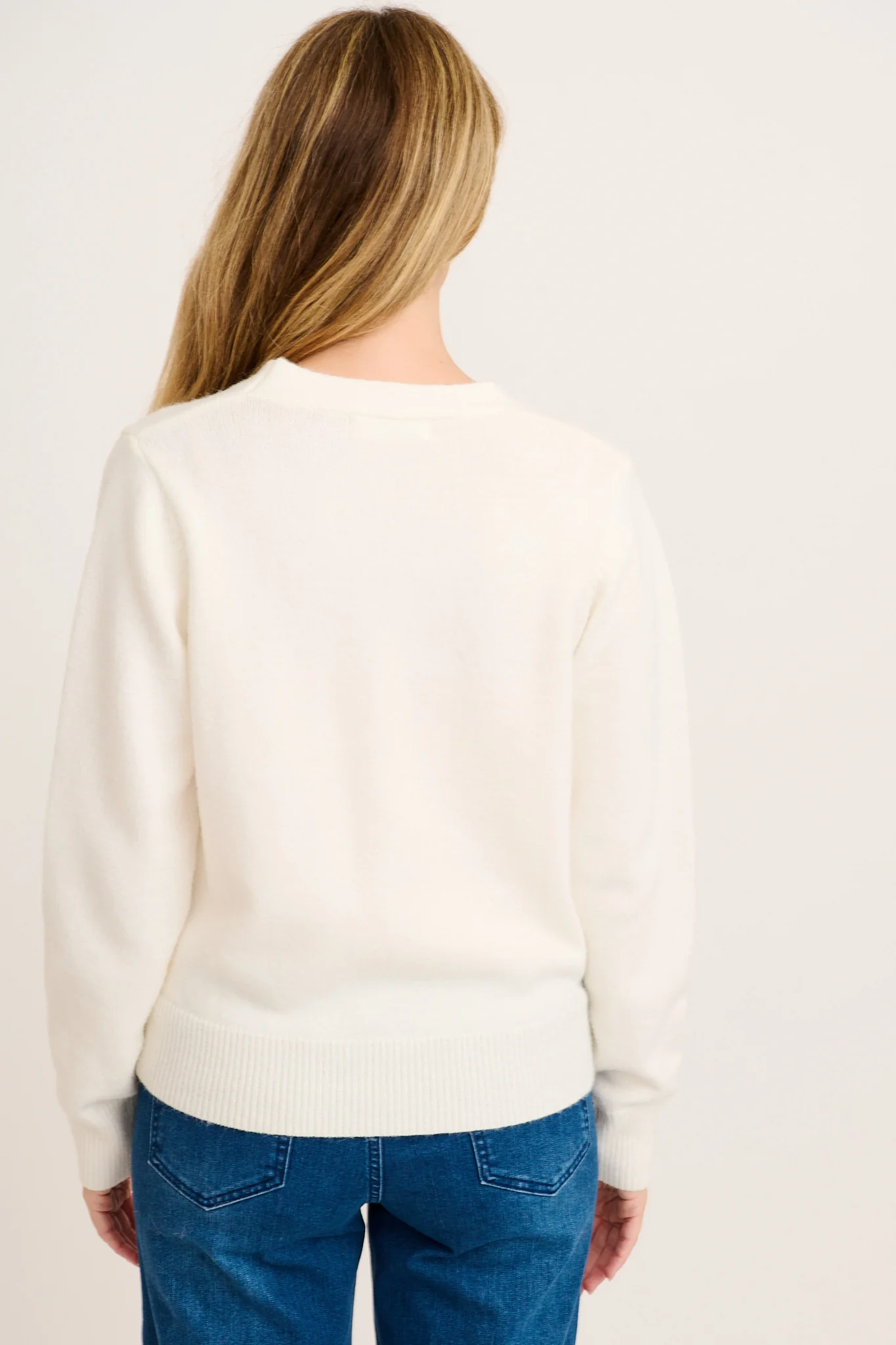 Fuzzy Feeling Knit Cardigan in White with Pink Flower - Image 7