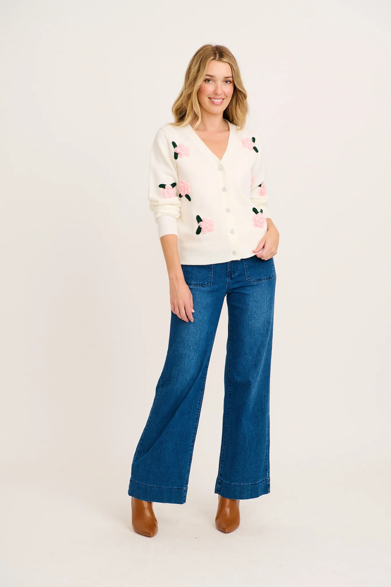 Fuzzy Feeling Knit Cardigan in White with Pink Flower - Image 8