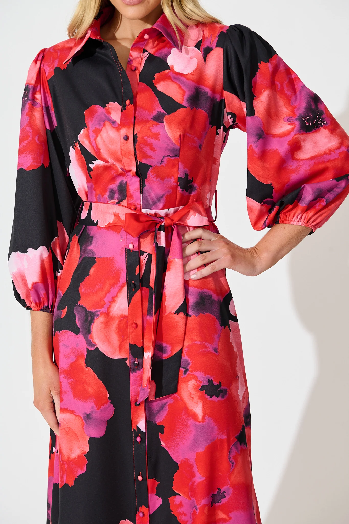 Gabi Maxi Shirt Dress In Black with Berry Watercolour Floral - Image 5